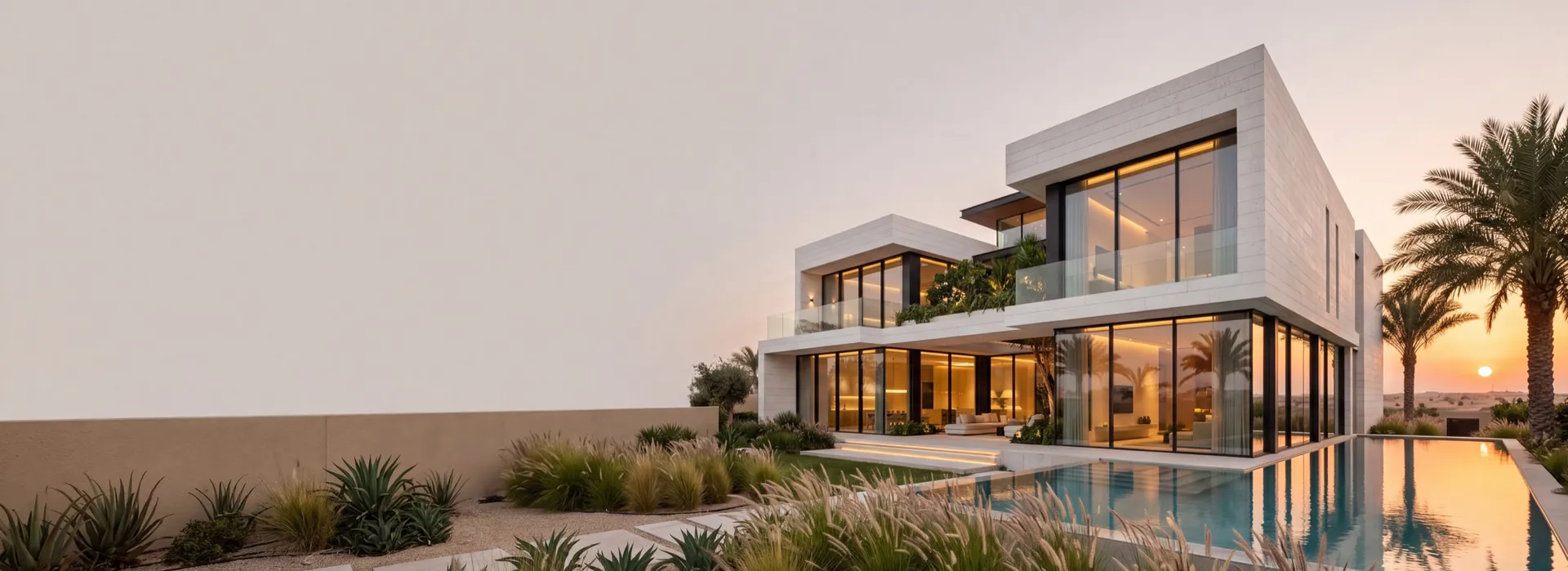 Modern villa with panoramic aluminium glazing and a pool at sunset