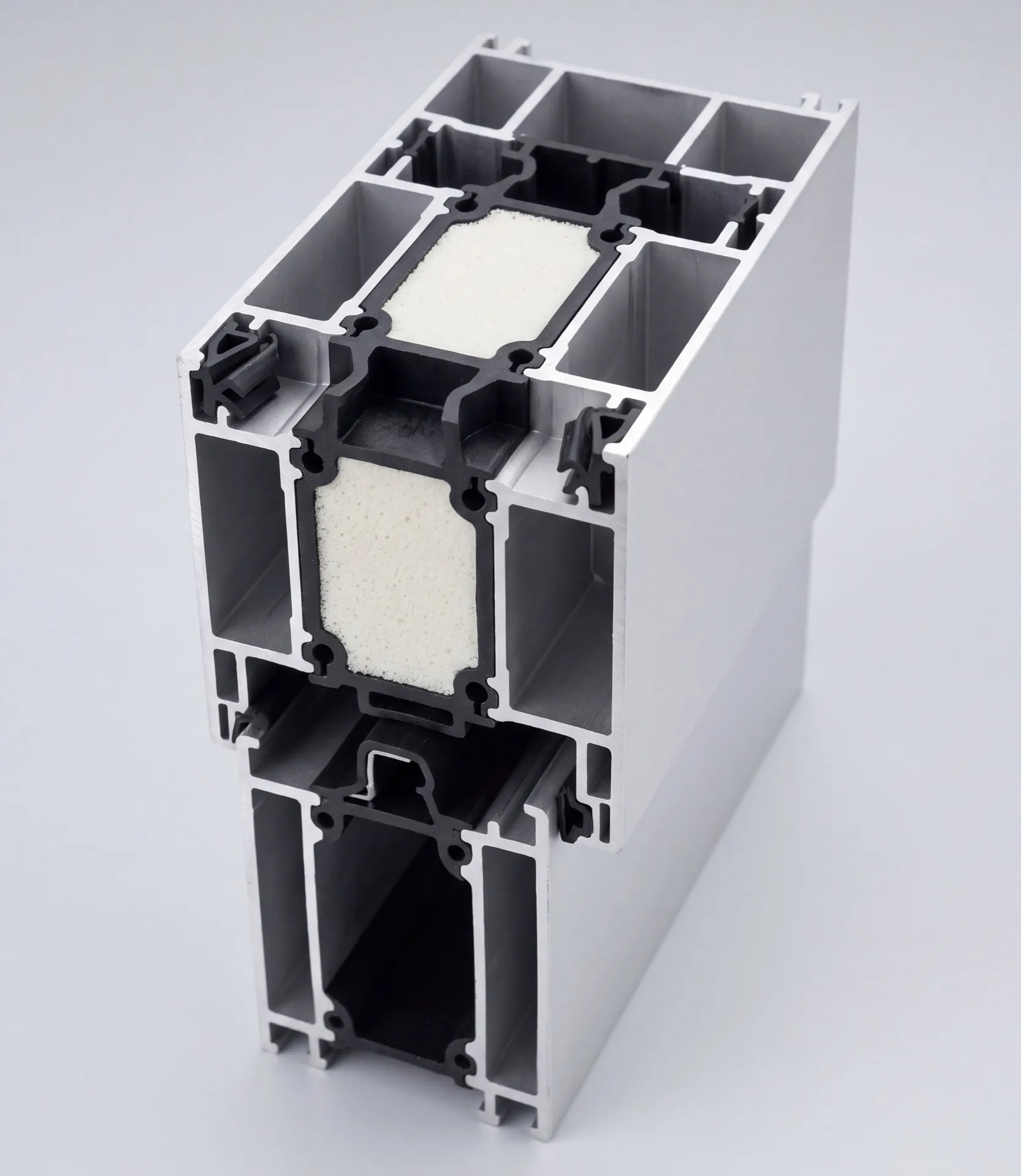 Cross-section of a thermally broken aluminium window profile