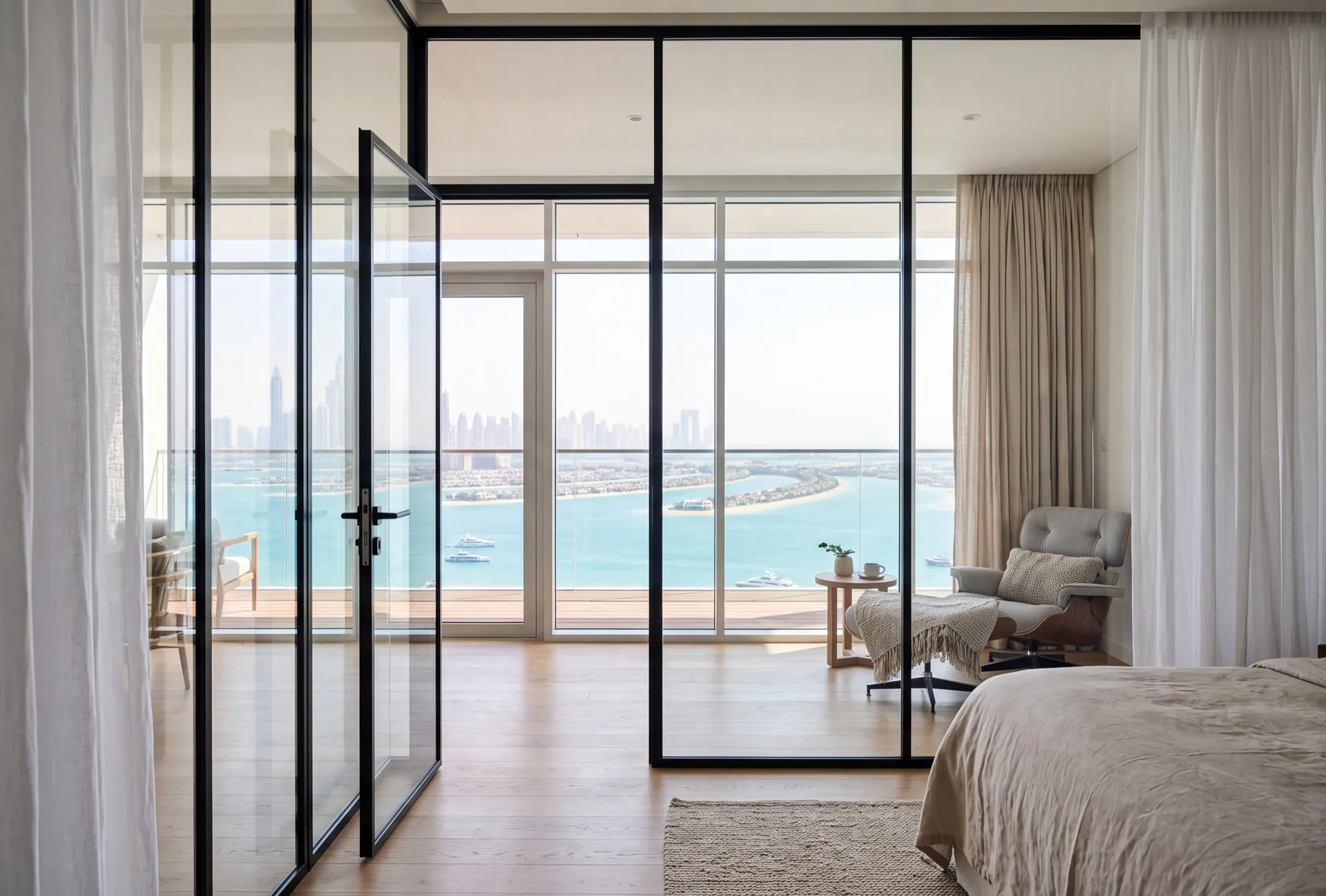 Insulated glass partition in a modern apartment with panoramic sea view