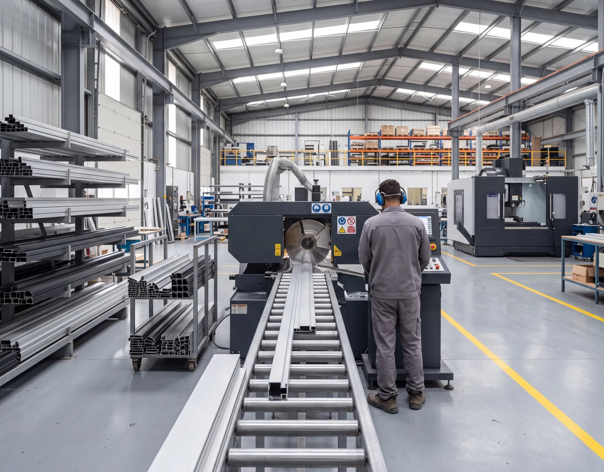 Aluminium profiles on the cutting line at the production facility