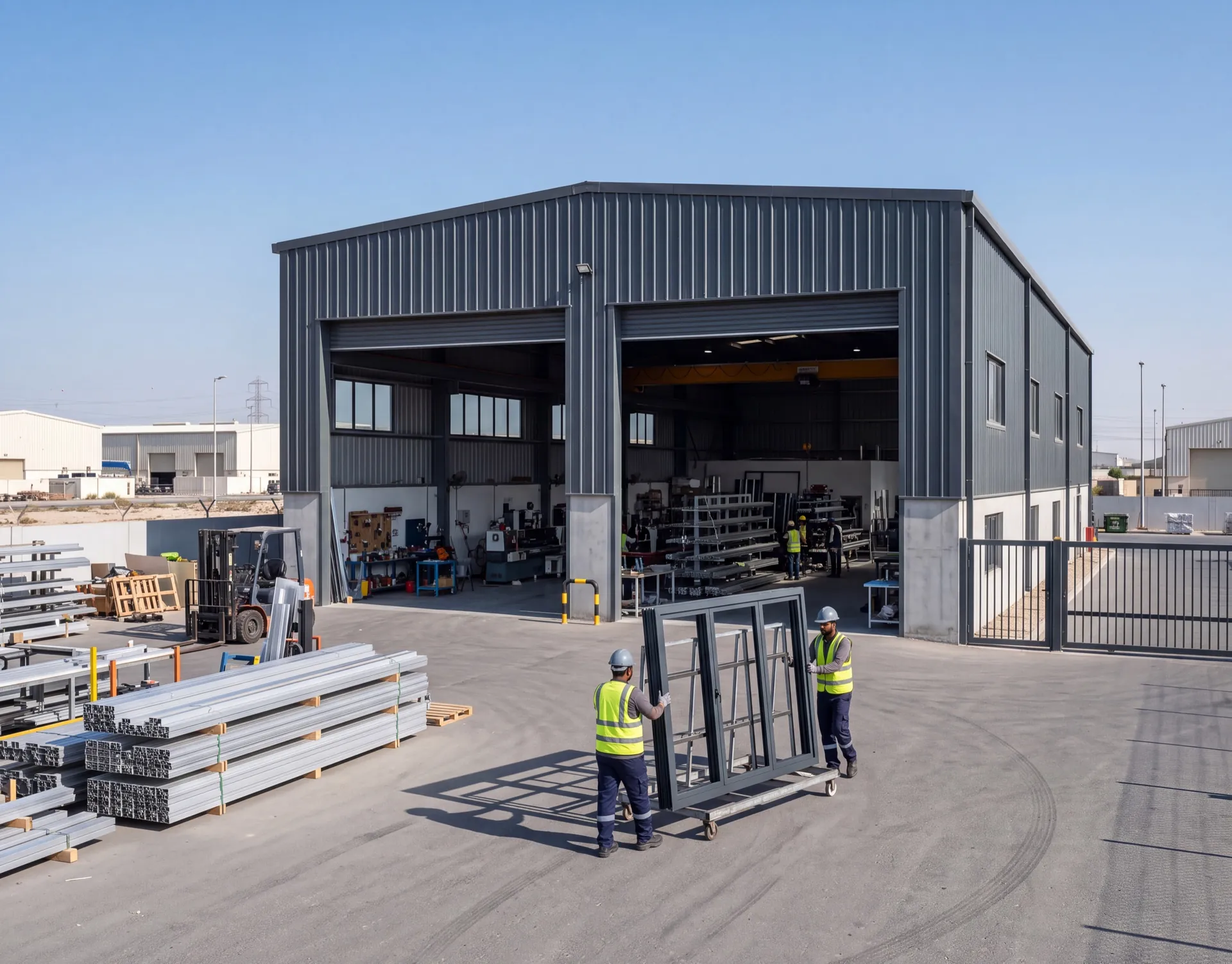 Aluminum Windows UAE factory: aluminium profiles and finished frames at the production facility