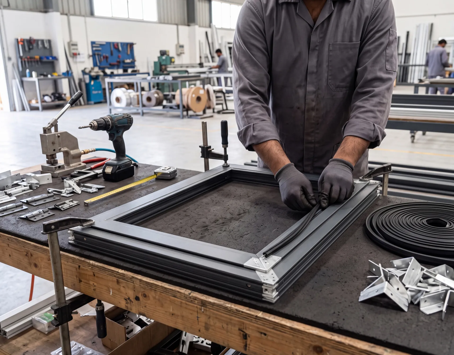 Workshop bench where aluminium frames are assembled