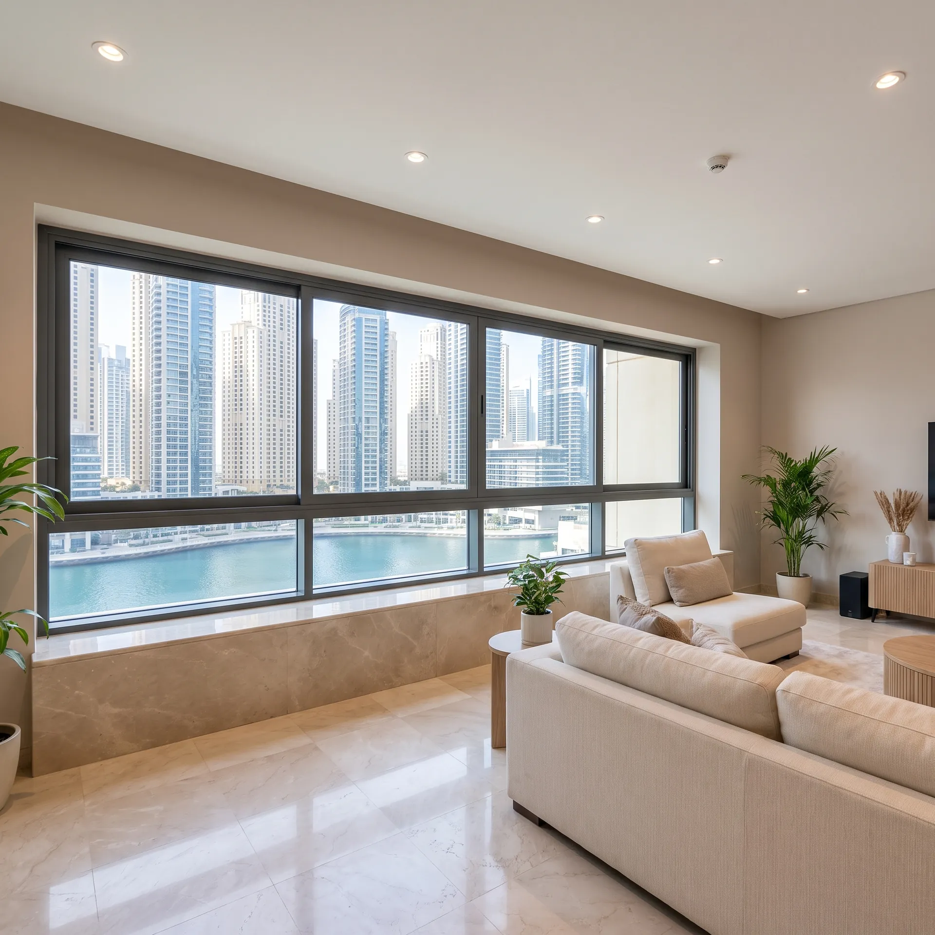 Stone window sill under floor-to-ceiling aluminium glazing in Dubai