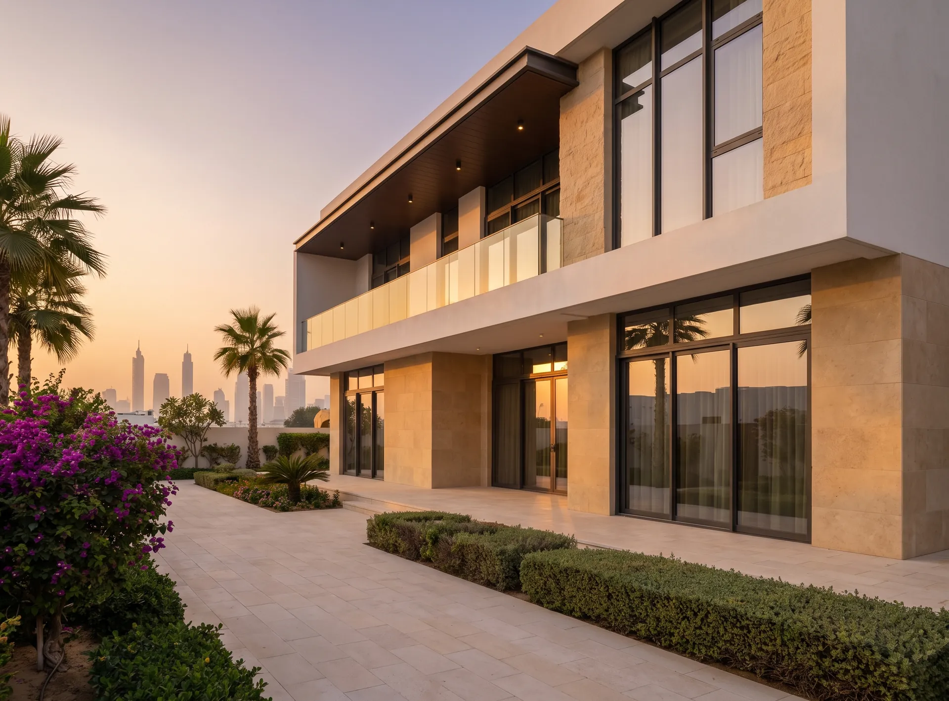 Dubai villa with dark aluminium windows and panoramic glazing