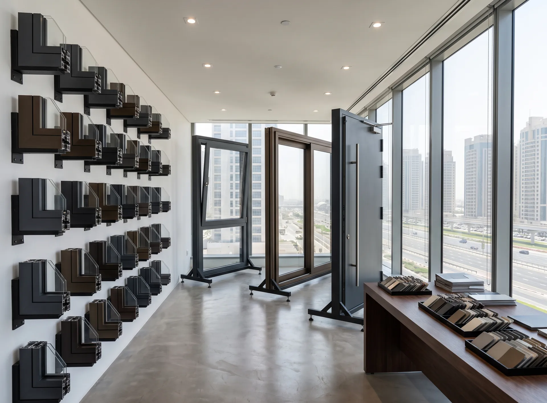 Bright aluminium windows and doors showroom in a Dubai tower with sample stands and profile sections