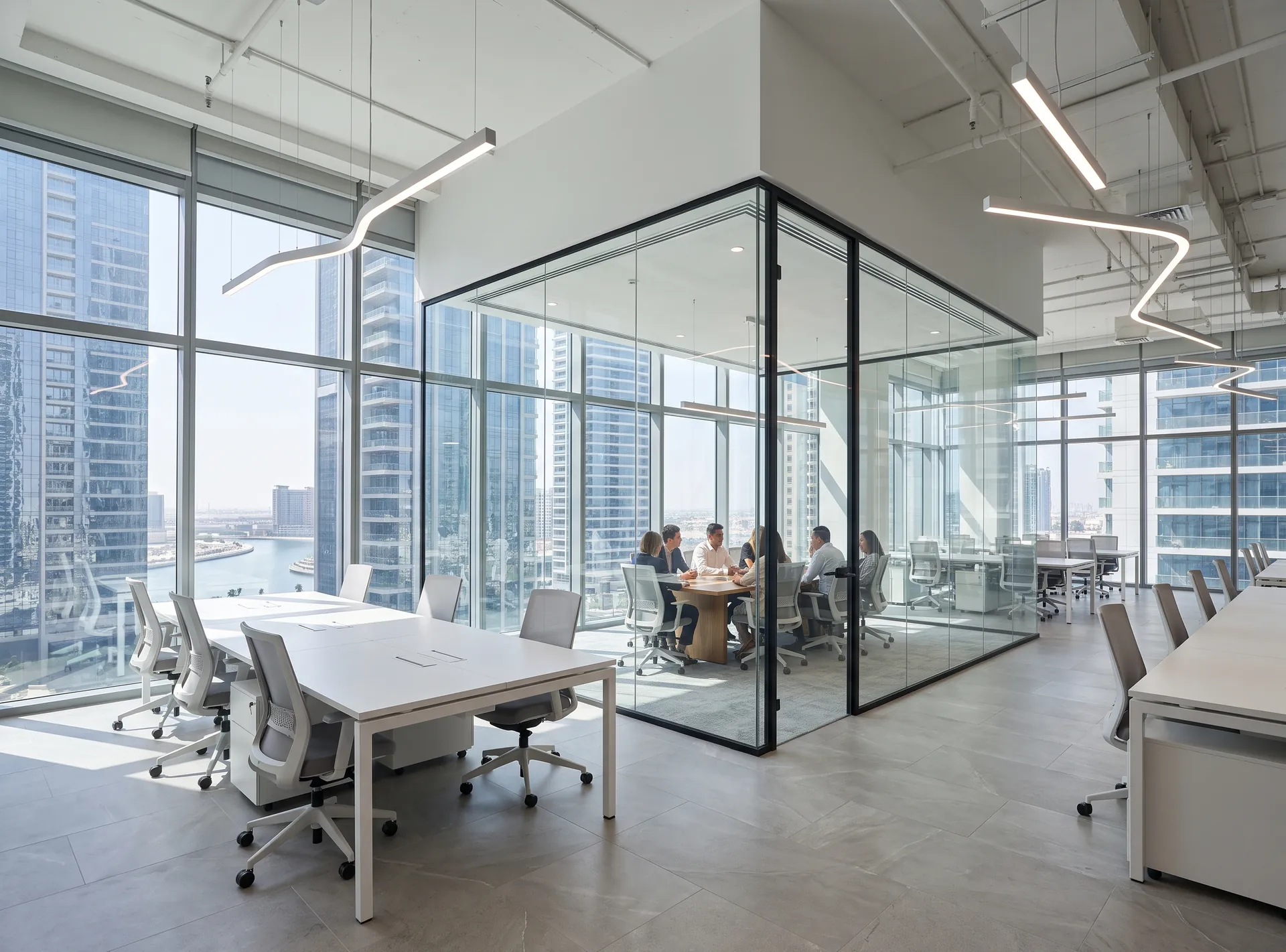 Office interior with glass partitions