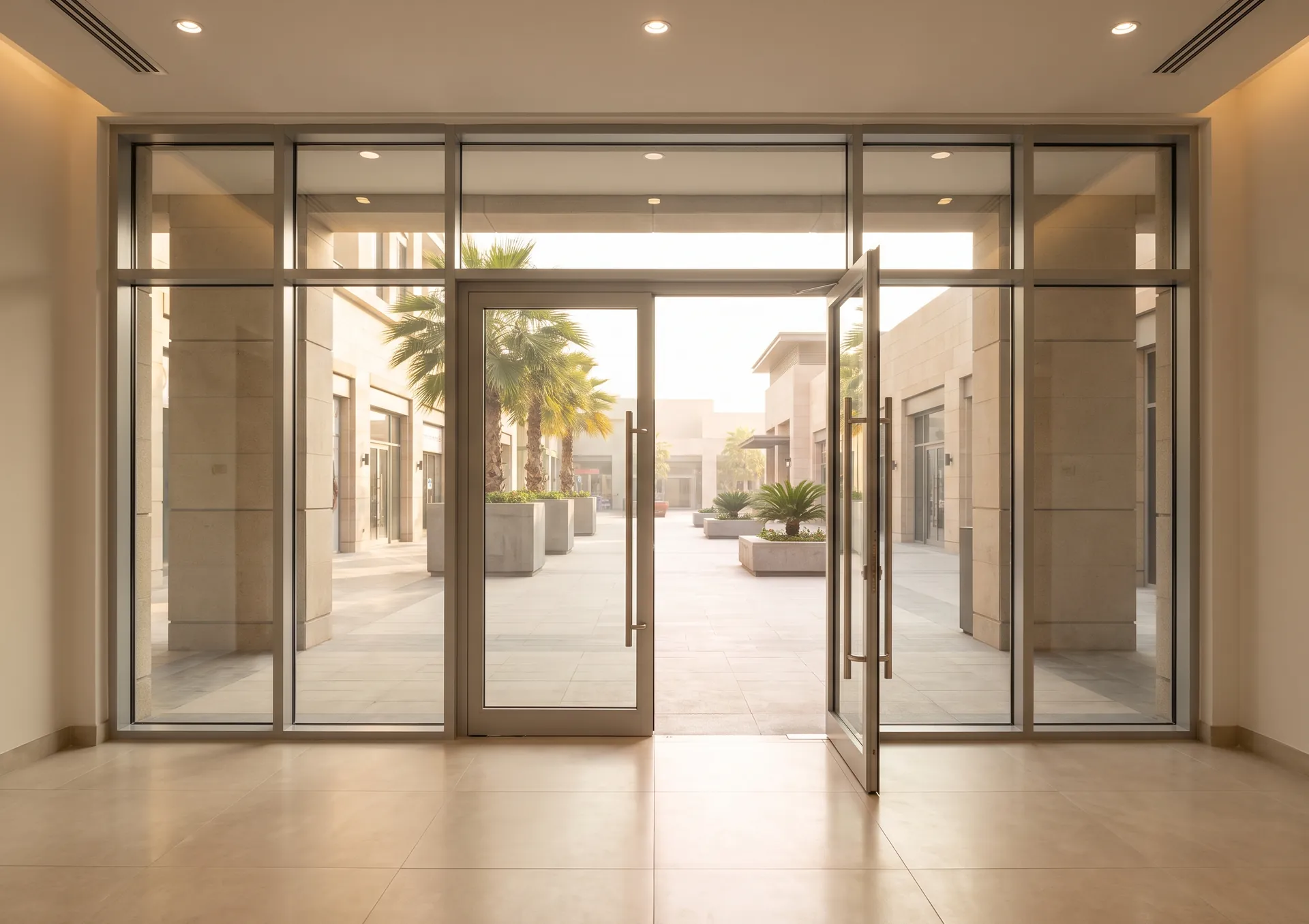 Aluminium entrance doors of a commercial building