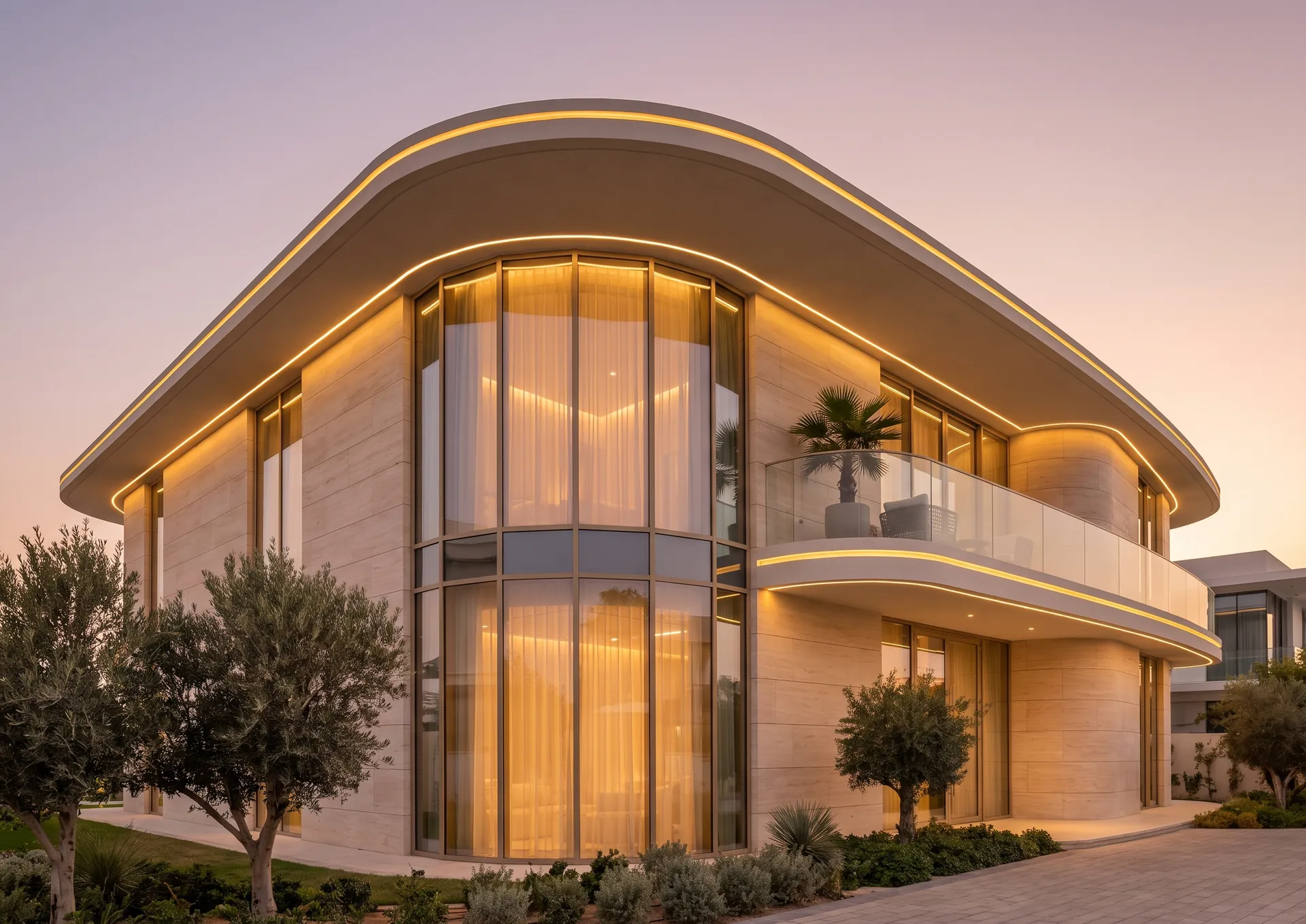 Modern villa with aluminium windows at sunset