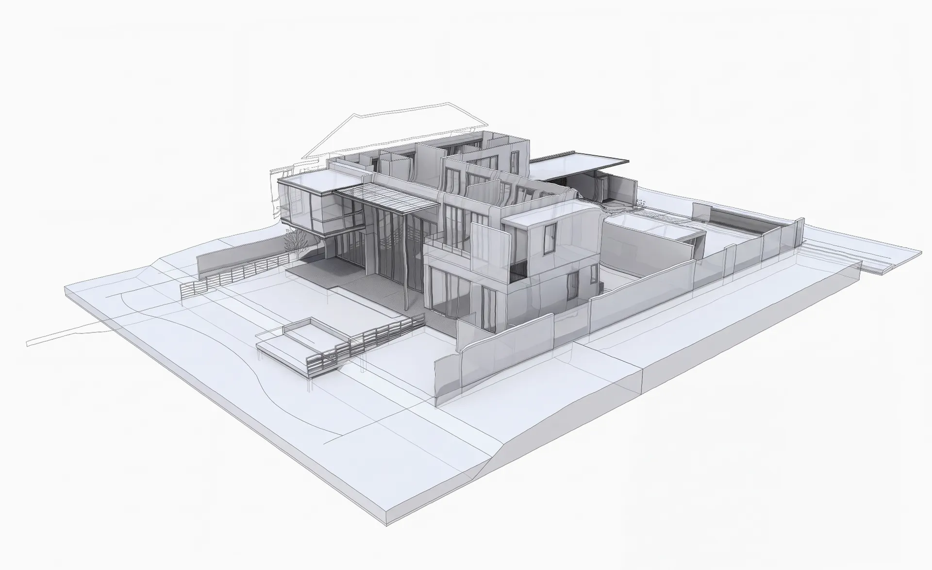 3D model of a house with glazed facade elements