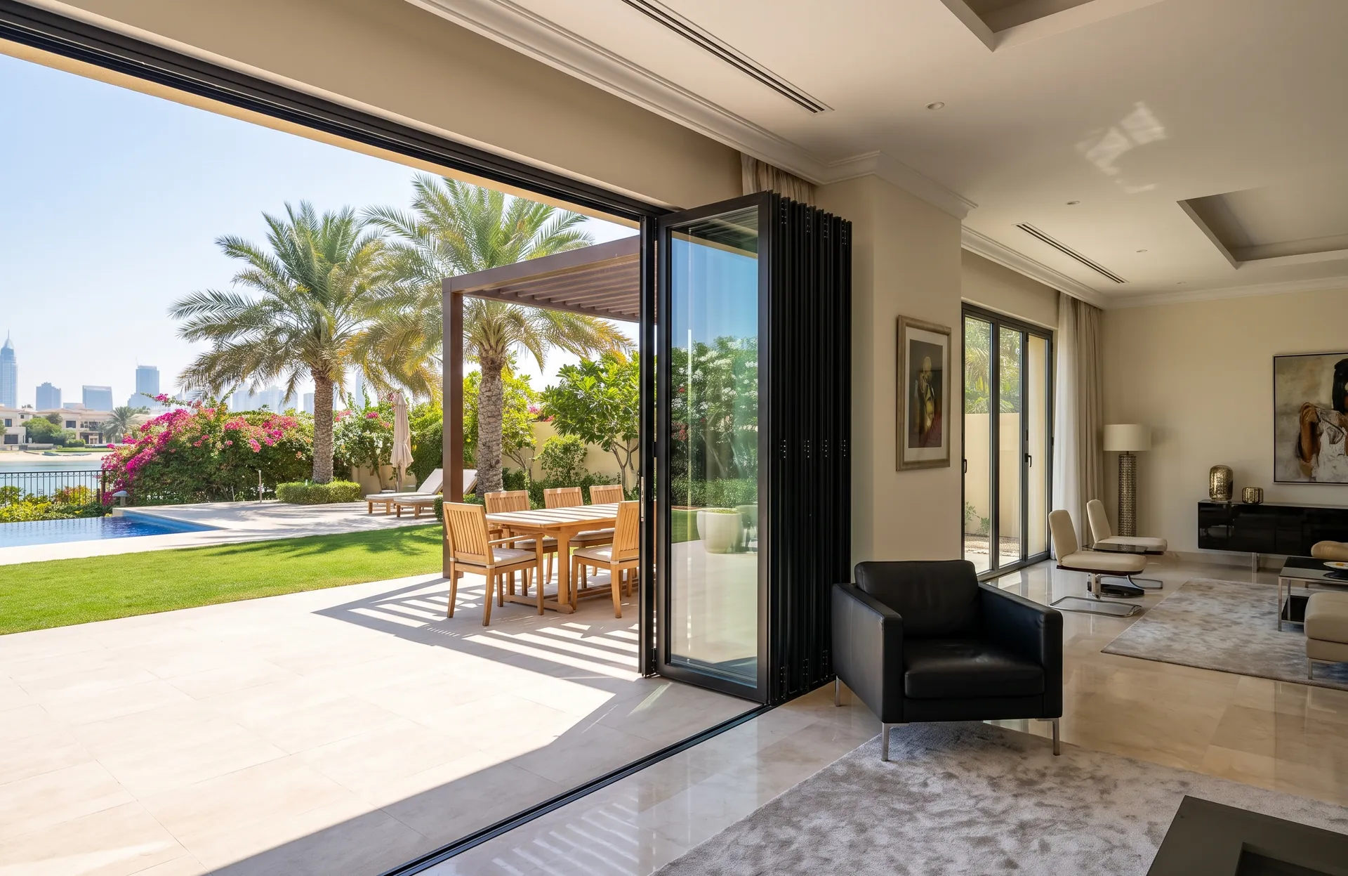 Folding aluminium glass doors opened onto a garden terrace