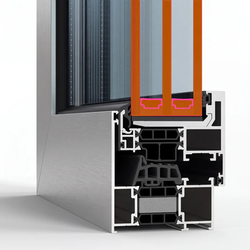 Aluminium window profile with an energy-efficient double glazing unit highlighted