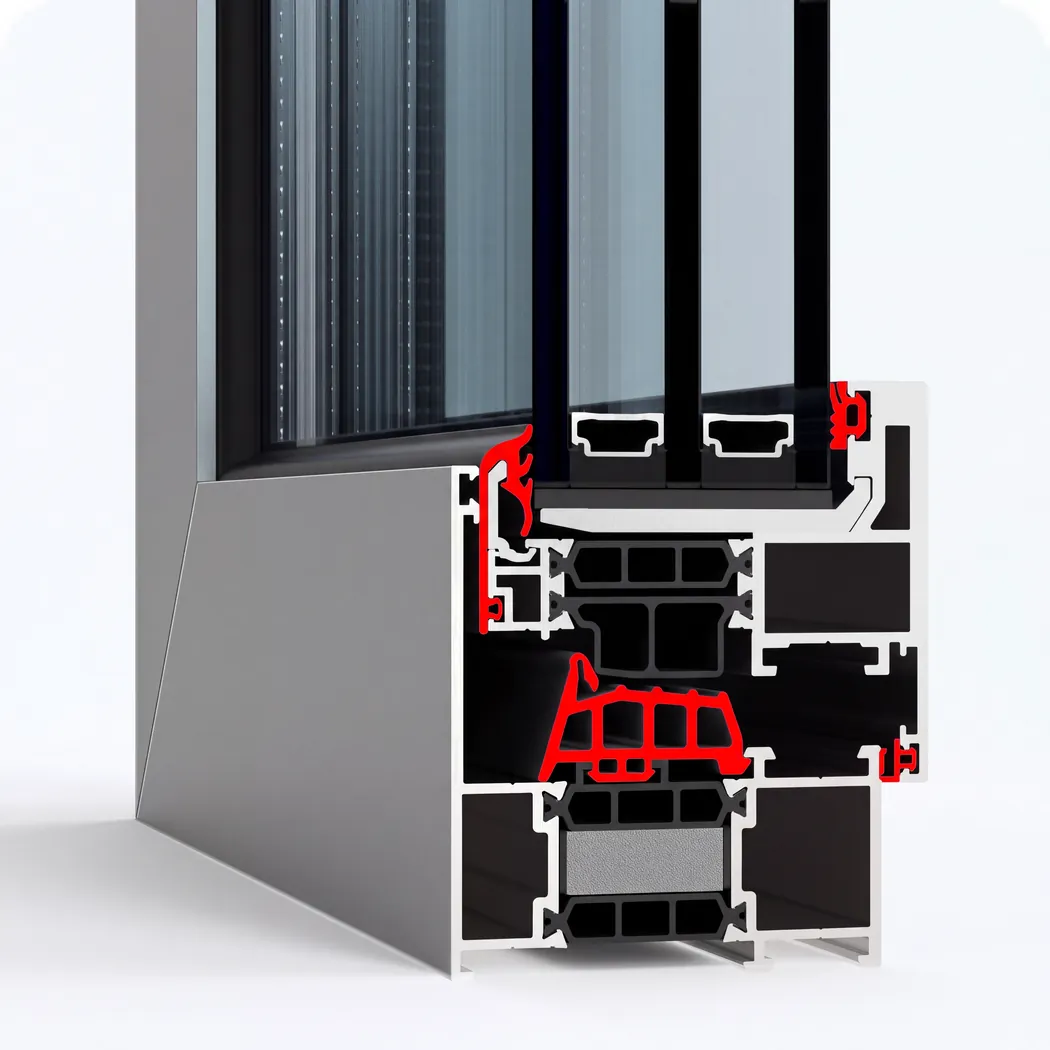 Aluminium window profile cross-section with three EPDM seal contours highlighted in red