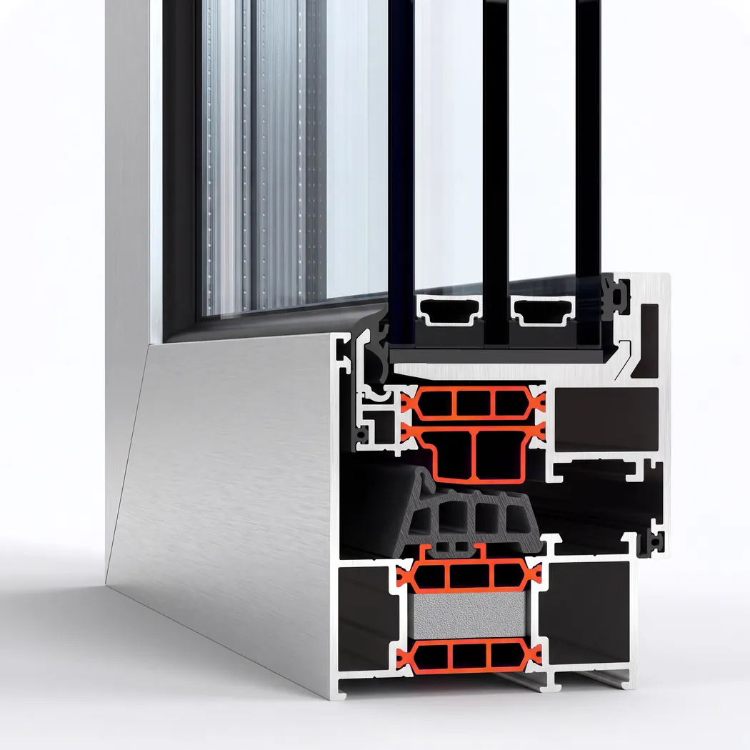 Aluminium window profile cross-section with polyamide thermal breaks highlighted