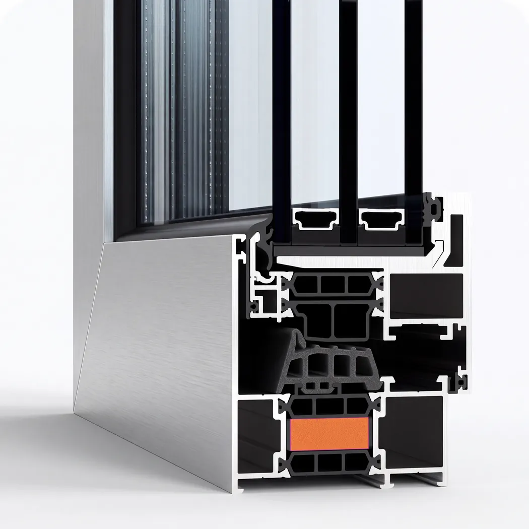 Aluminium window profile cross-section with a foamed thermal insert highlighted