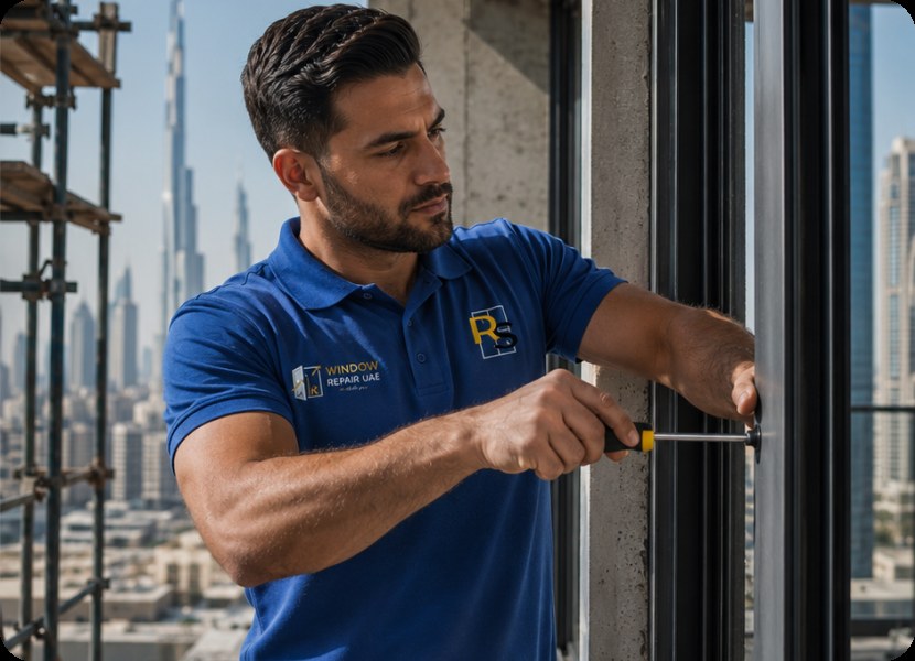 Technician repairing a window