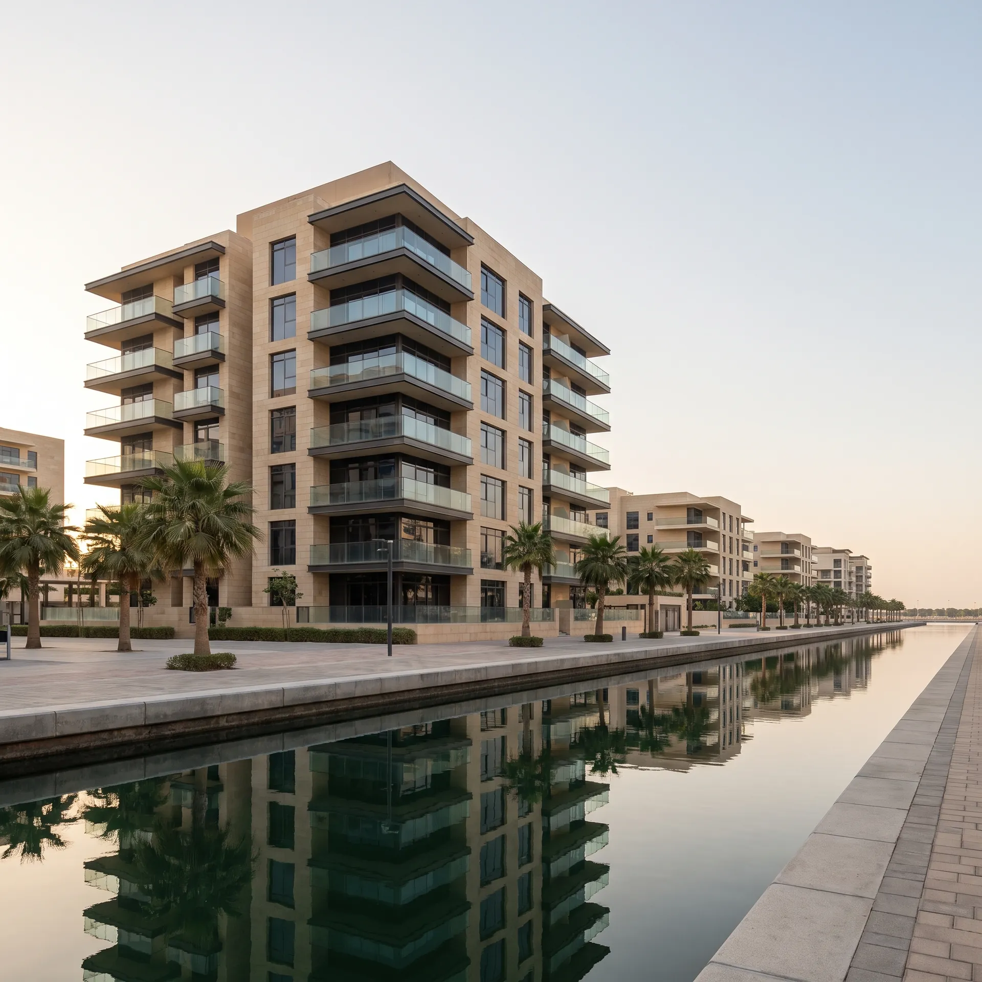 Mid-rise sandstone apartment block with glazed balconies on a palm-lined canal promenade in Al Raha Beach, Abu Dhabi