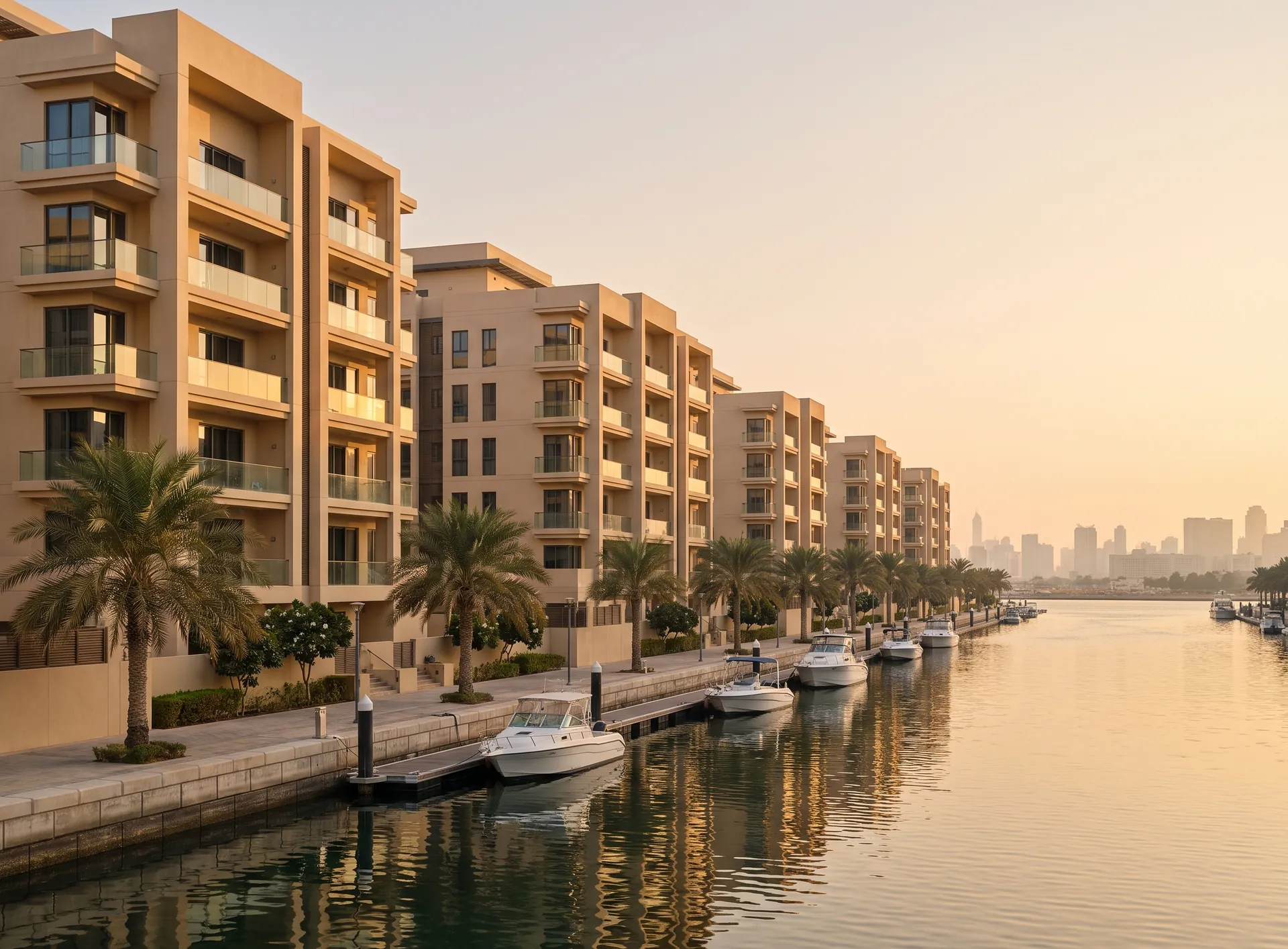 Low-rise waterfront buildings along the Al Raha Beach canal with glazed balconies in dark aluminium frames and boats moored in front