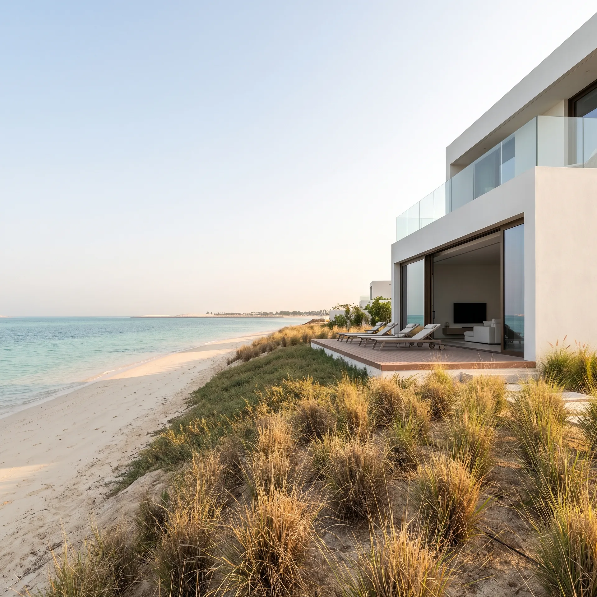 Two-storey white beach villa with dark-framed aluminium sliding doors and glass balustrades on the sand, Saadiyat Island, Abu Dhabi
