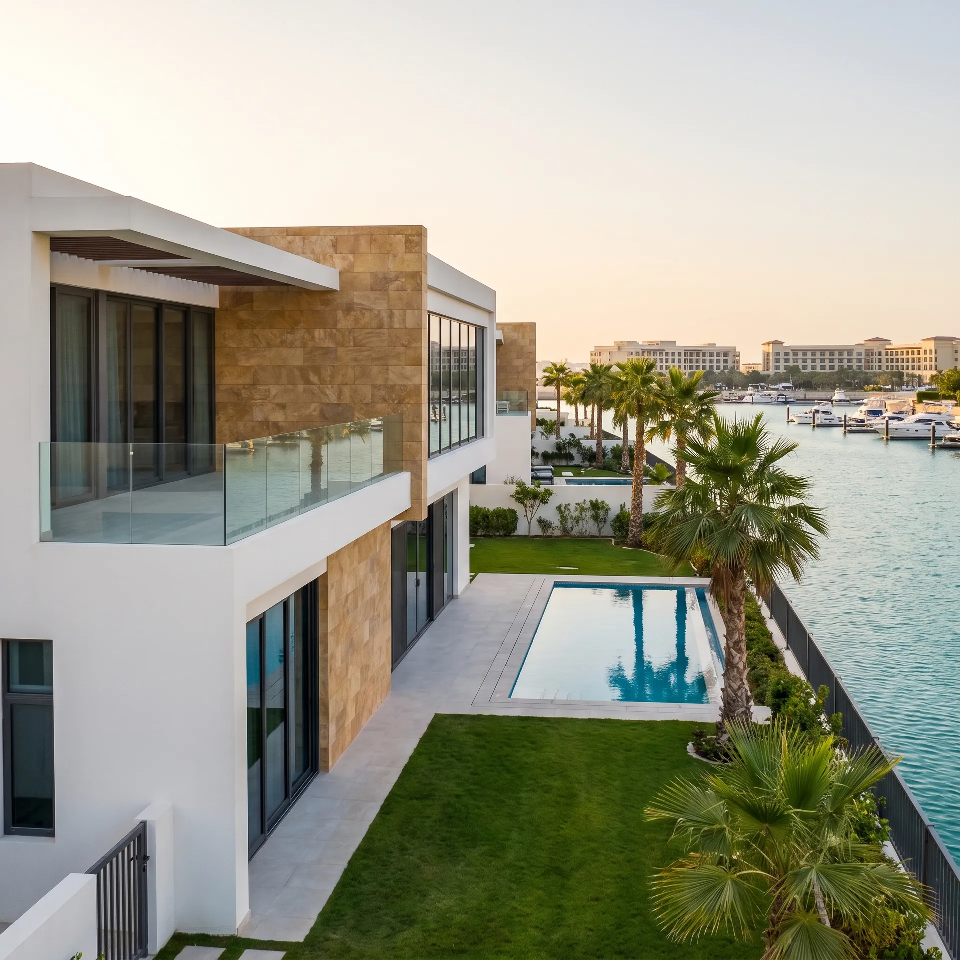 Modern villa on Yas Island with dark-framed aluminium windows onto a lawn, hotel towers on the skyline behind