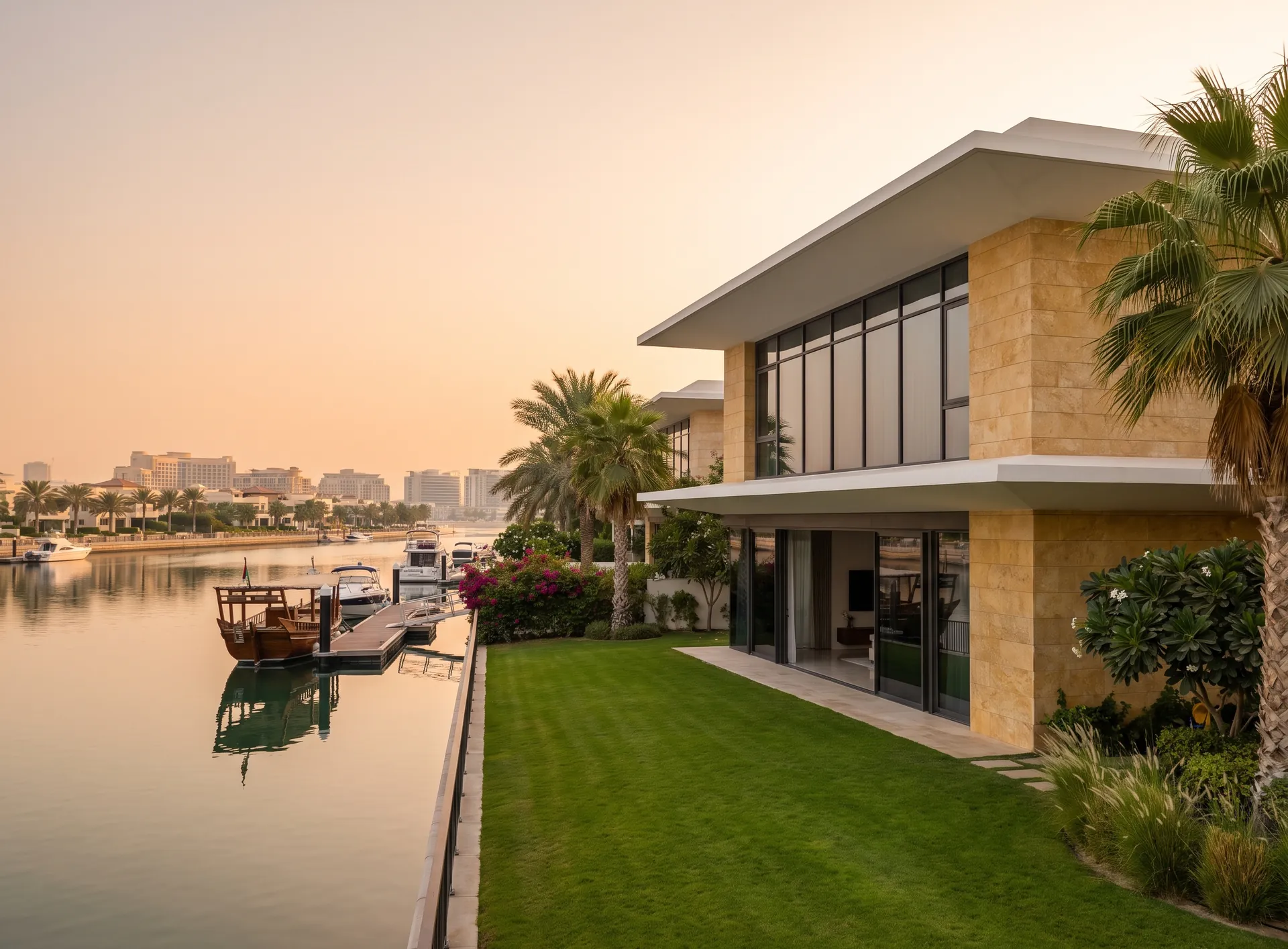 Modern villa on Yas Island with panoramic dark-framed aluminium windows, landscaped lawn and the island skyline behind