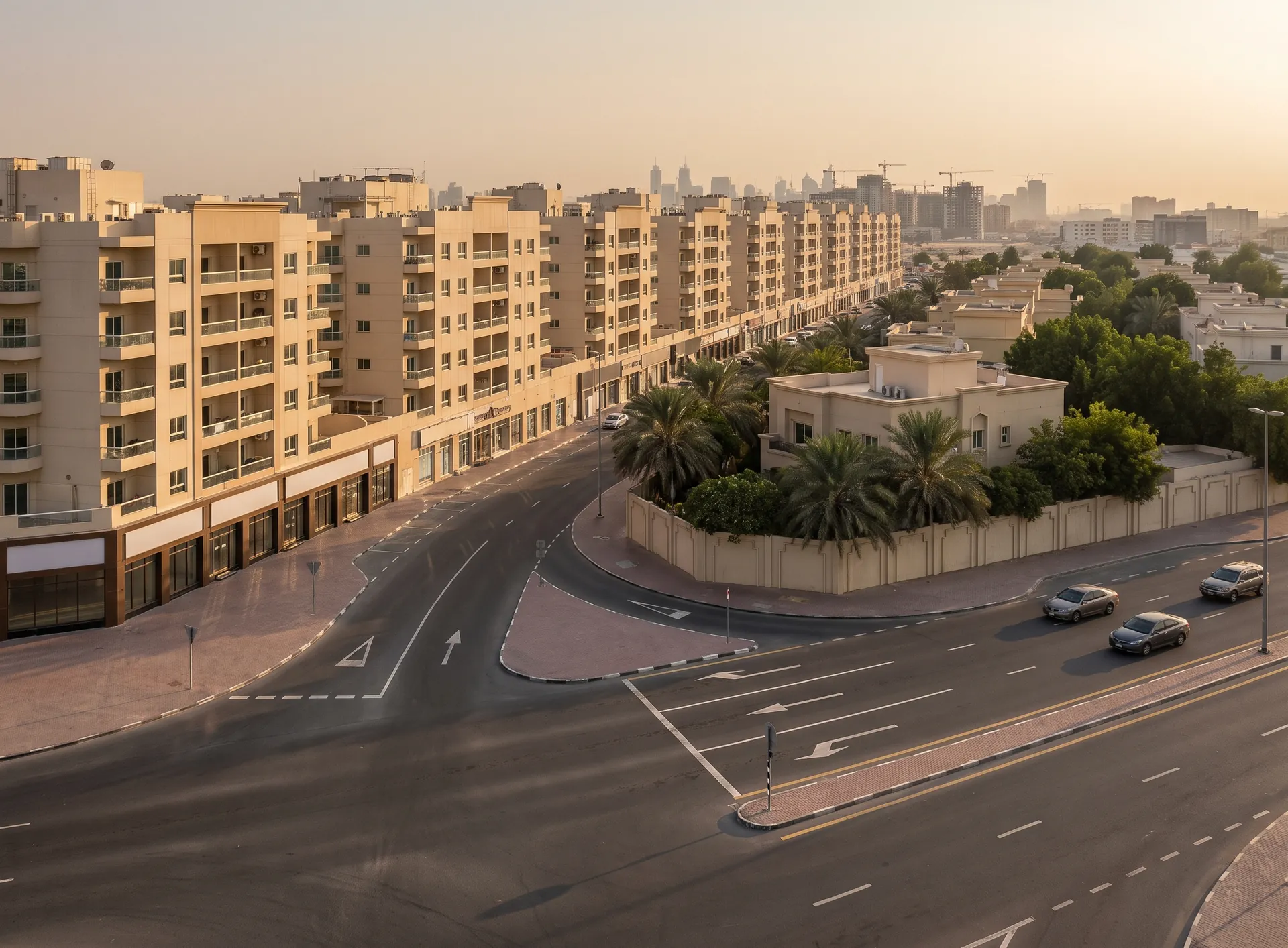 Mid-rise apartment blocks standing beside detached villas on a wide road in Al Barsha