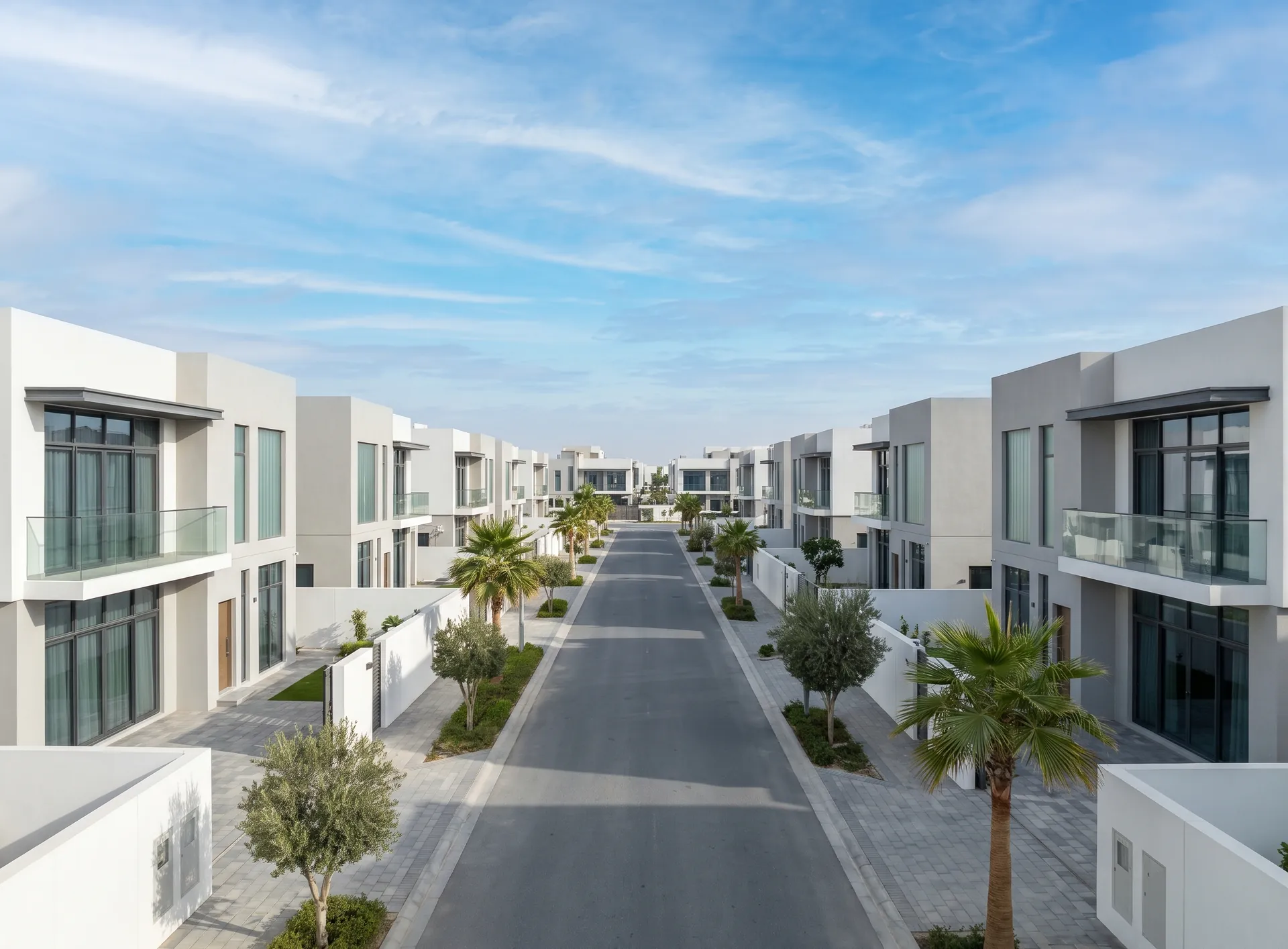 New white and grey villas and townhouses on close plots with low boundary walls in Al Furjan
