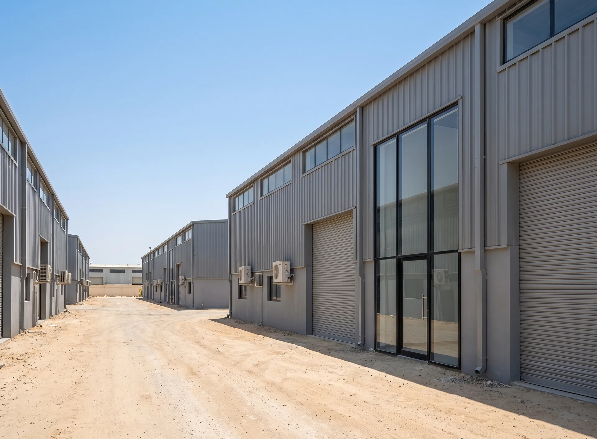 Low industrial warehouse units with roller shutter doors and a tall glazed showroom front on a sandy service road in Al Quoz