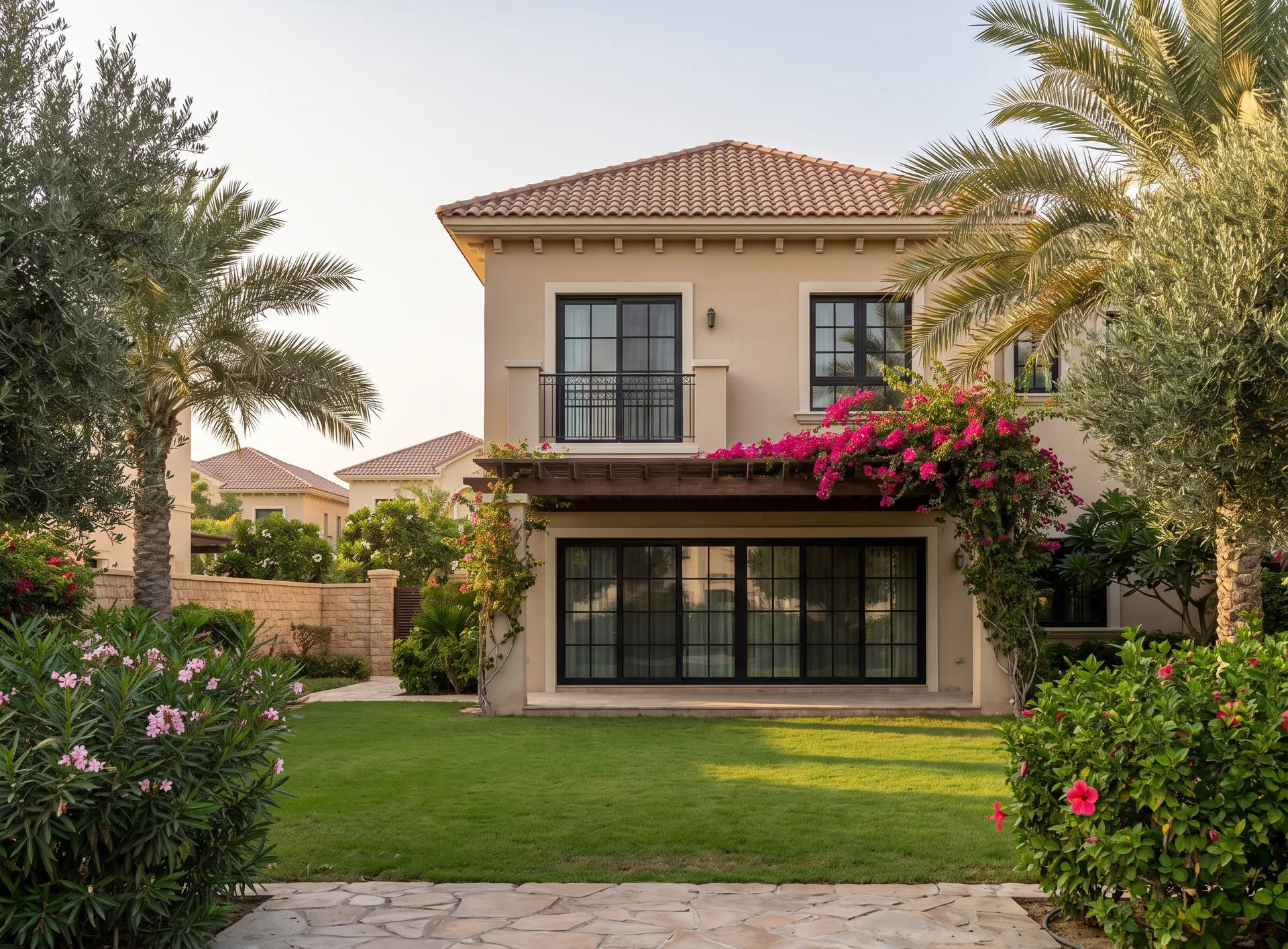 Low-rise family villa in a Dubai gated community with aluminium windows and a shaded rear patio