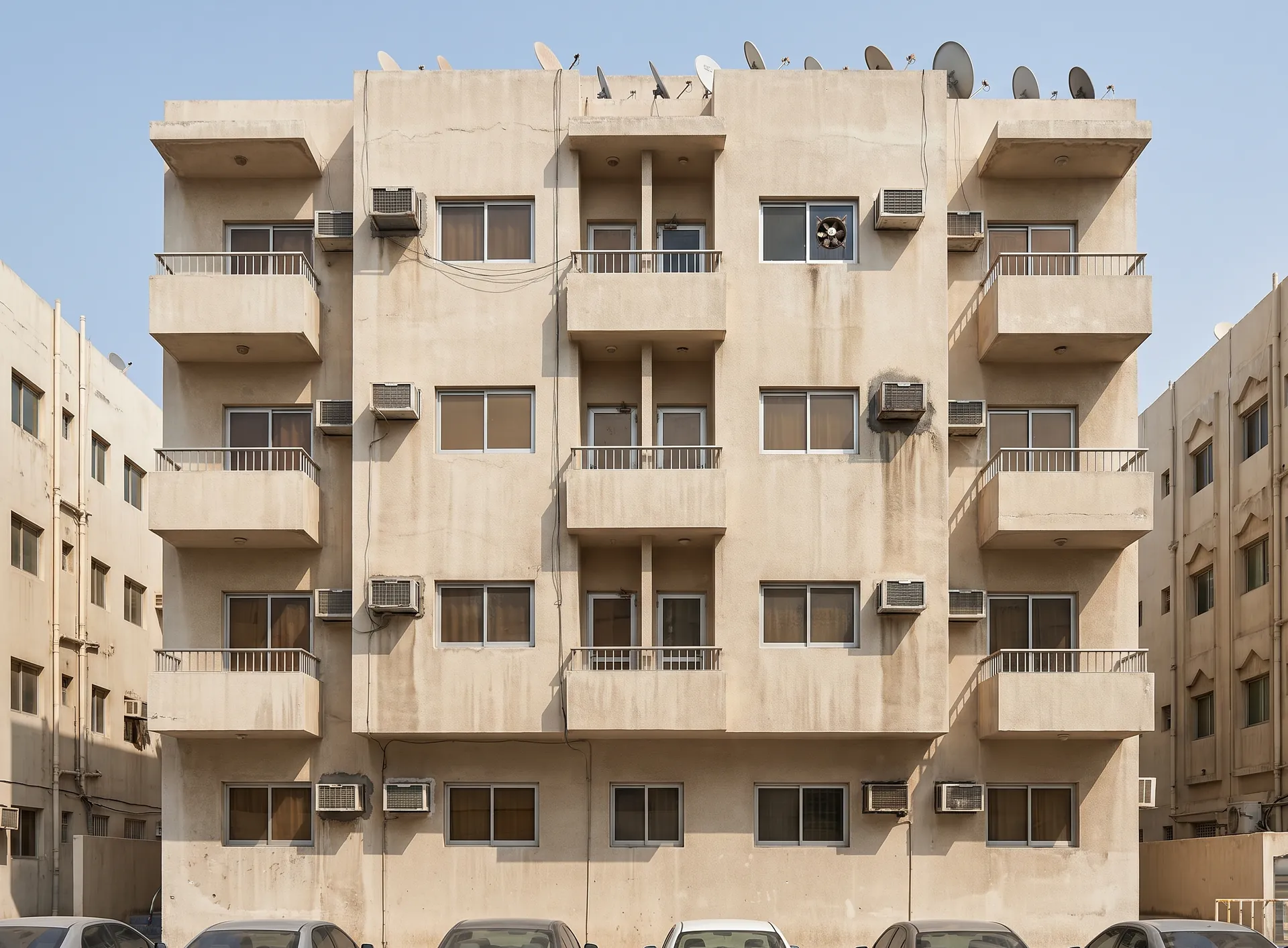 Concrete apartment block in Bur Dubai with split air conditioners and sleeves set into the wall beside the window openings