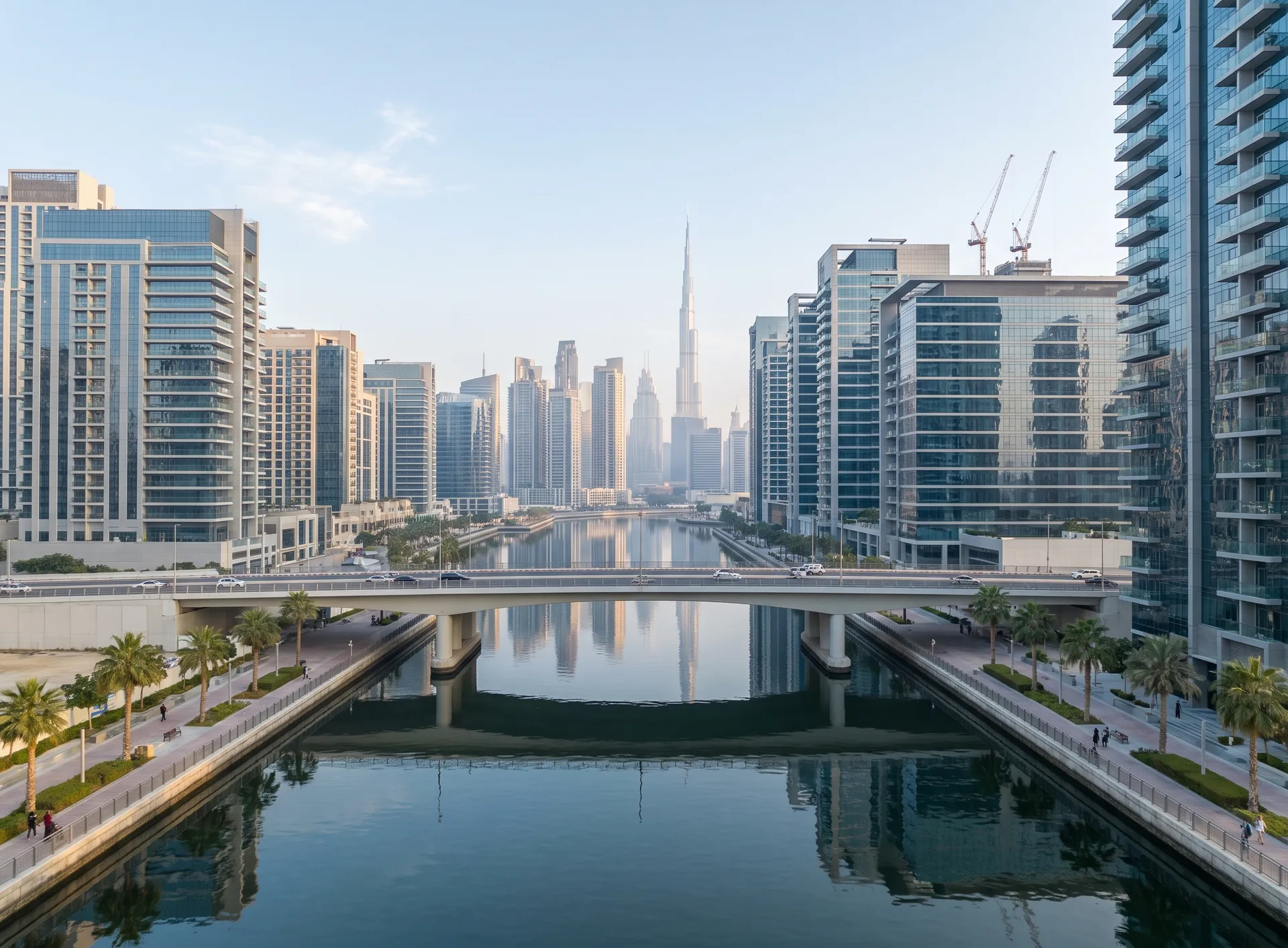 Office and residential towers lining the Business Bay canal with a road bridge crossing the water
