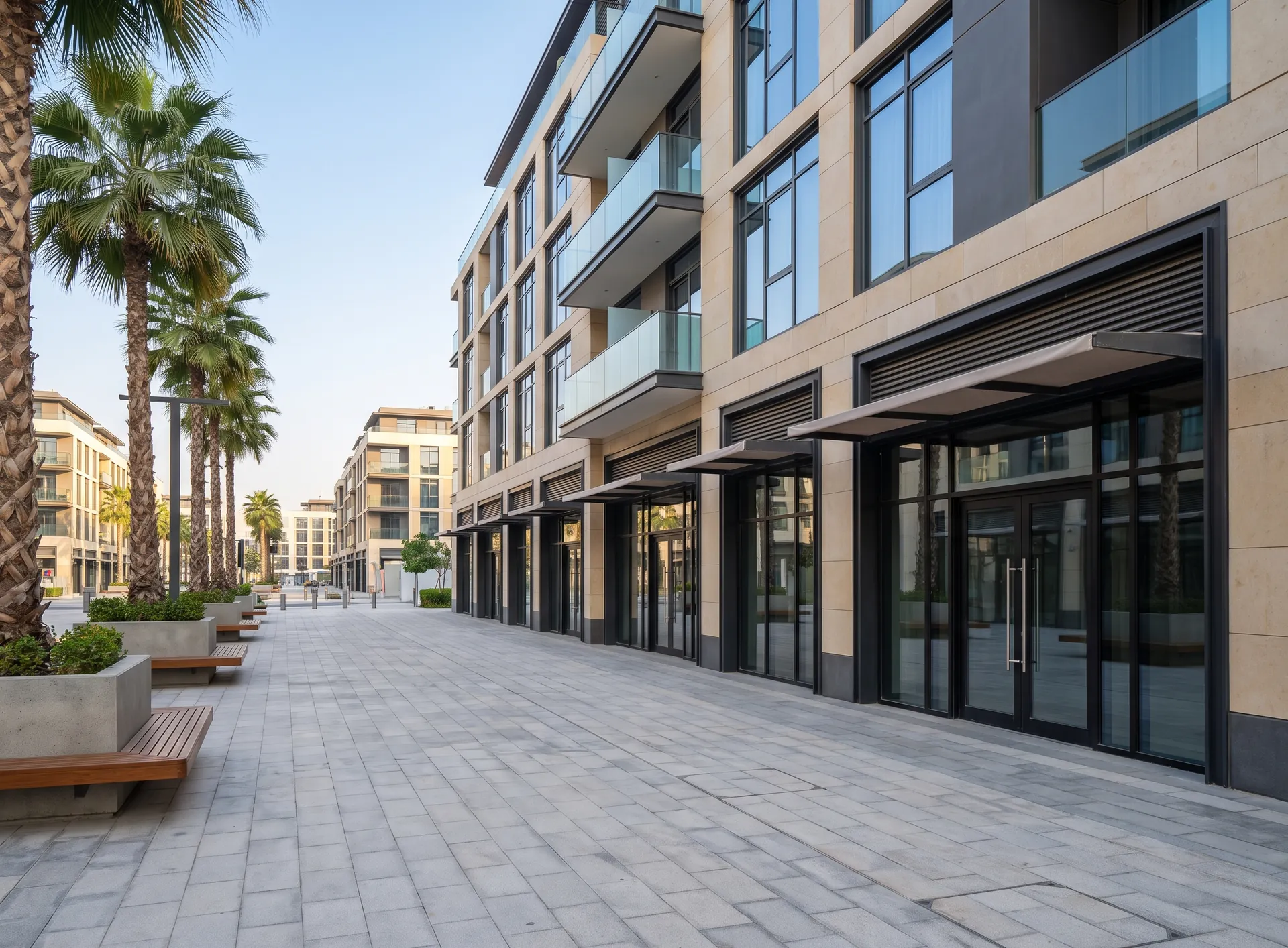 Low-rise urban block with dark-framed retail glazing at street level and apartments above on a City Walk pedestrian street