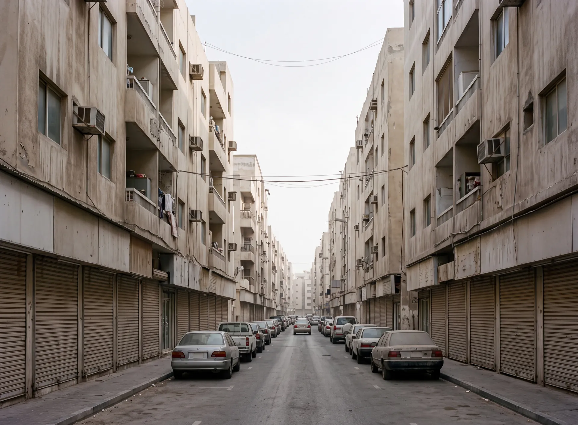 Dense older mid-rise residential blocks with small windows and wall-mounted air conditioners on a narrow street in Deira