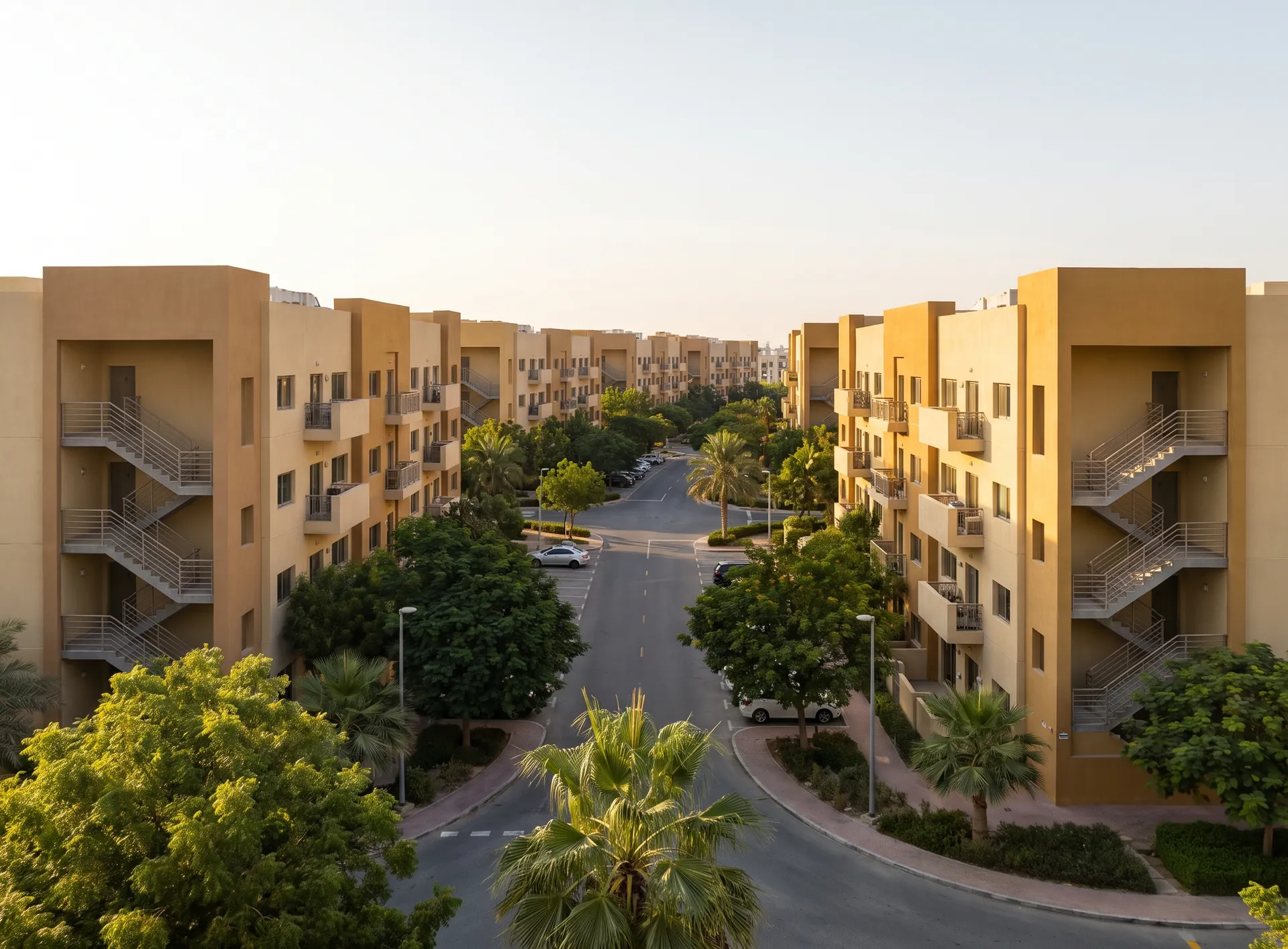 Rows of low-rise painted apartment blocks with external staircases and mature trees in Discovery Gardens