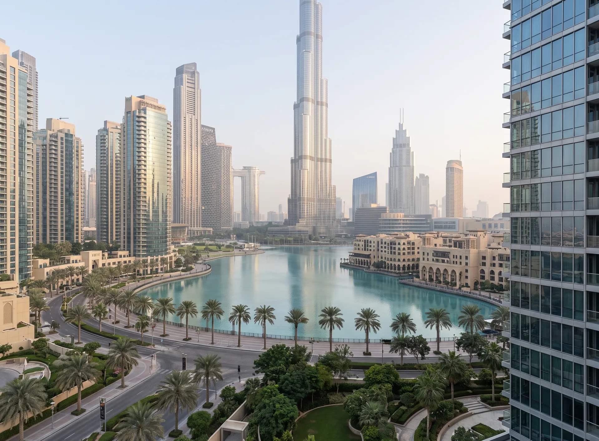 Downtown Dubai skyline of glazed towers around the boulevard lake with the supertall spire behind
