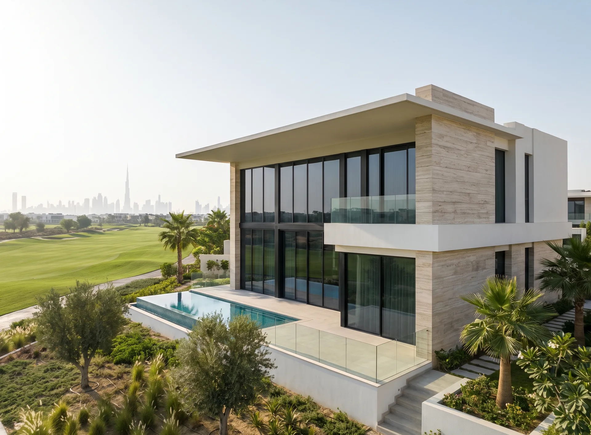 Newly built Dubai villa with floor-to-ceiling aluminium glazing facing a green golf landscape