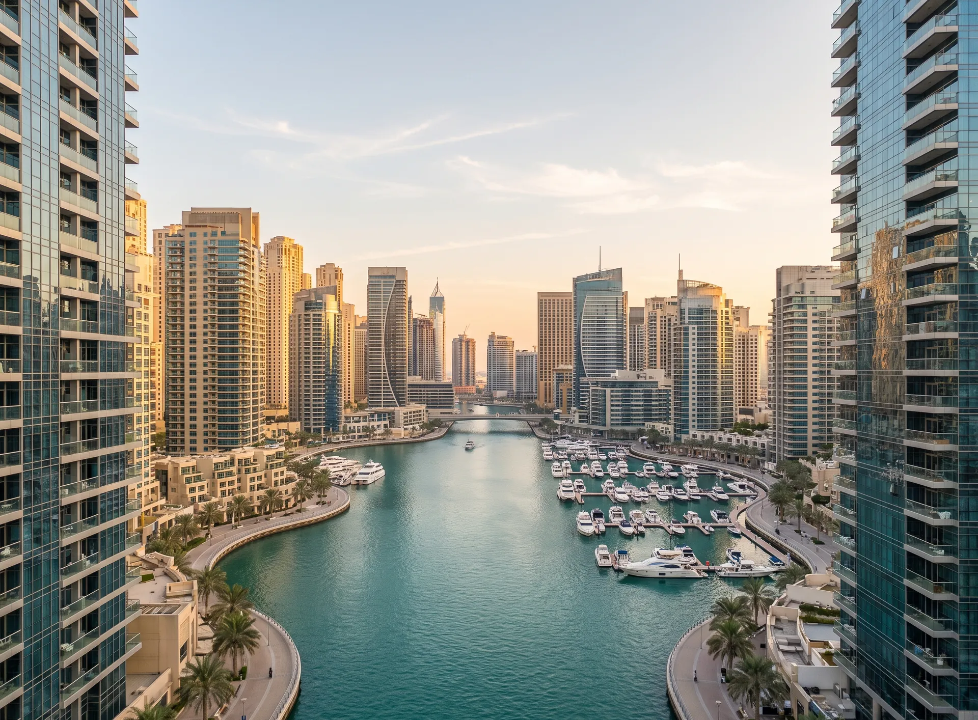 Aluminium-glazed residential towers standing shoulder to shoulder along the Dubai Marina water channel