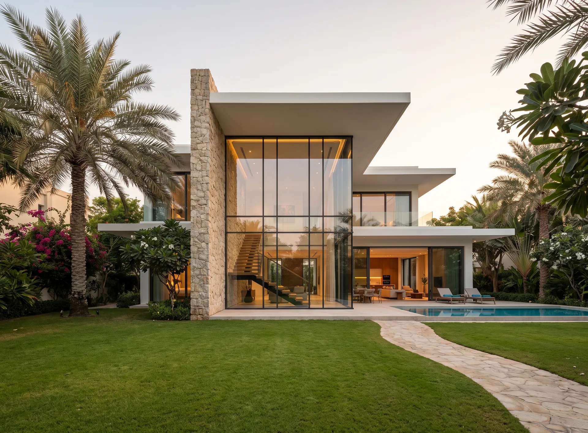Large contemporary Dubai villa with double-height aluminium glazing over a lawn and mature palms