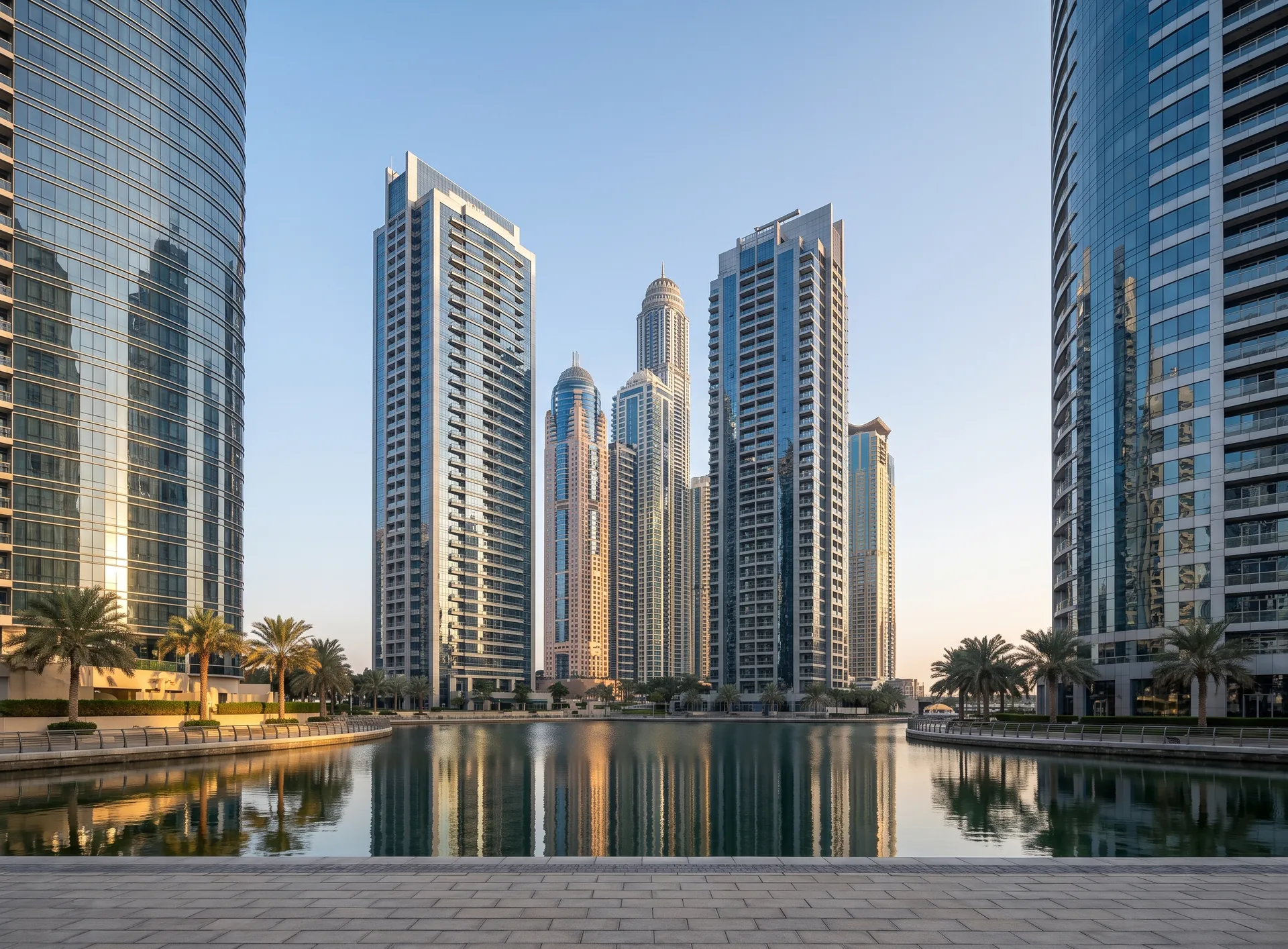 Glass and aluminium towers standing close together around the lake in Jumeirah Lake Towers
