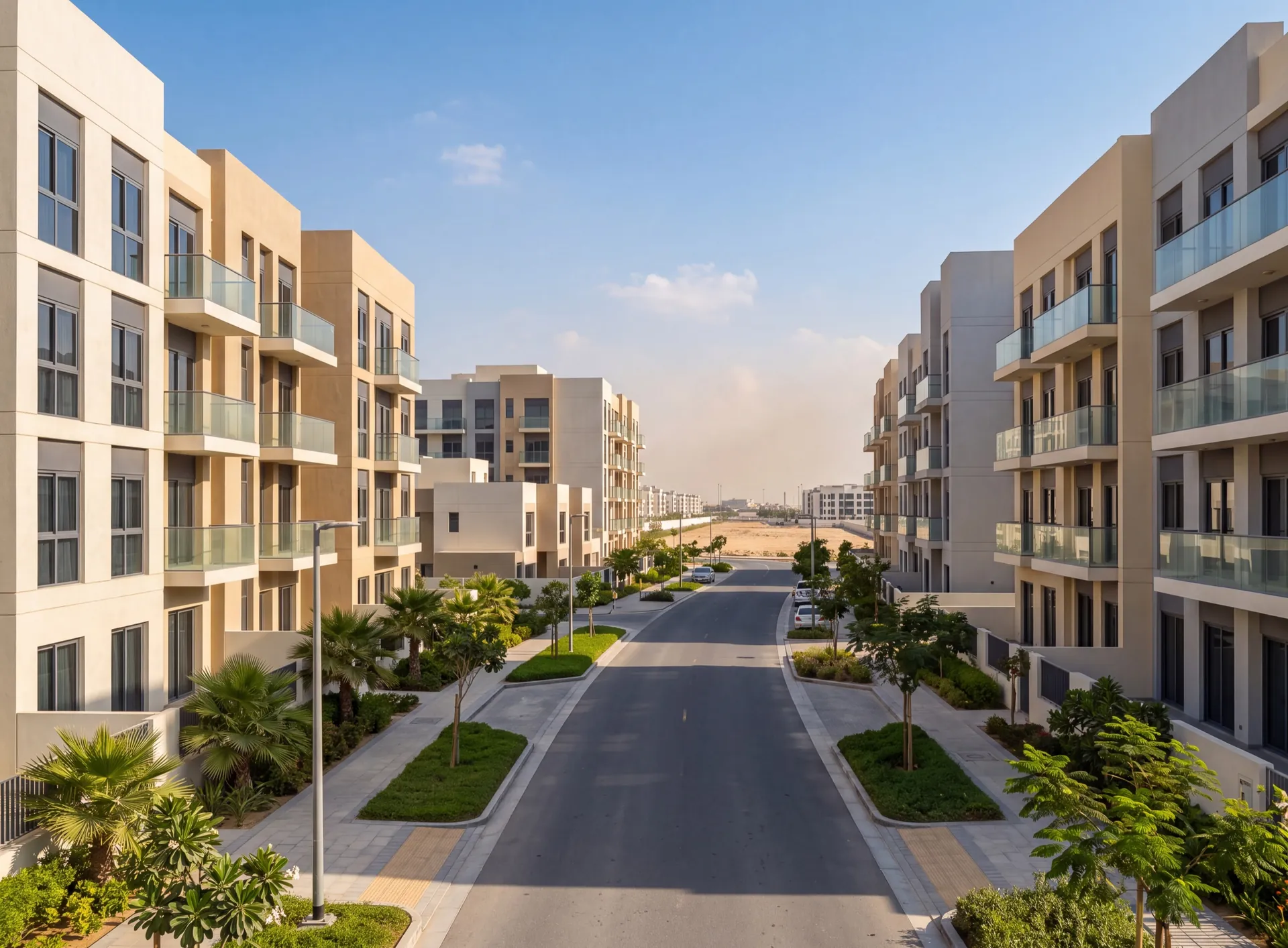 Rows of new low-rise apartment buildings and townhouses in Jumeirah Village Circle
