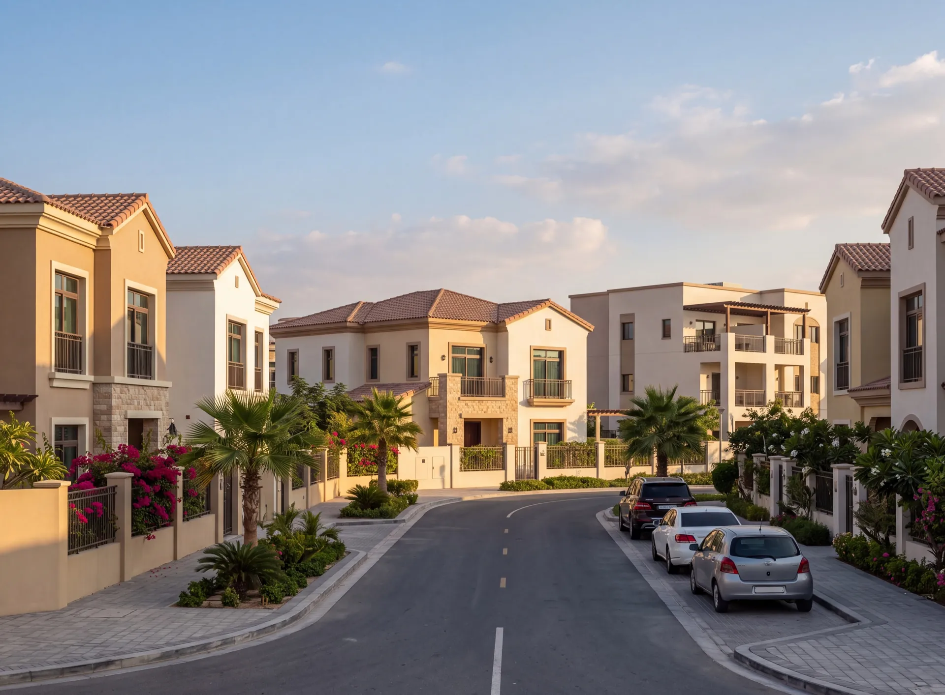 Low-rise villas and small apartment buildings on a quiet street in Jumeirah Village Triangle