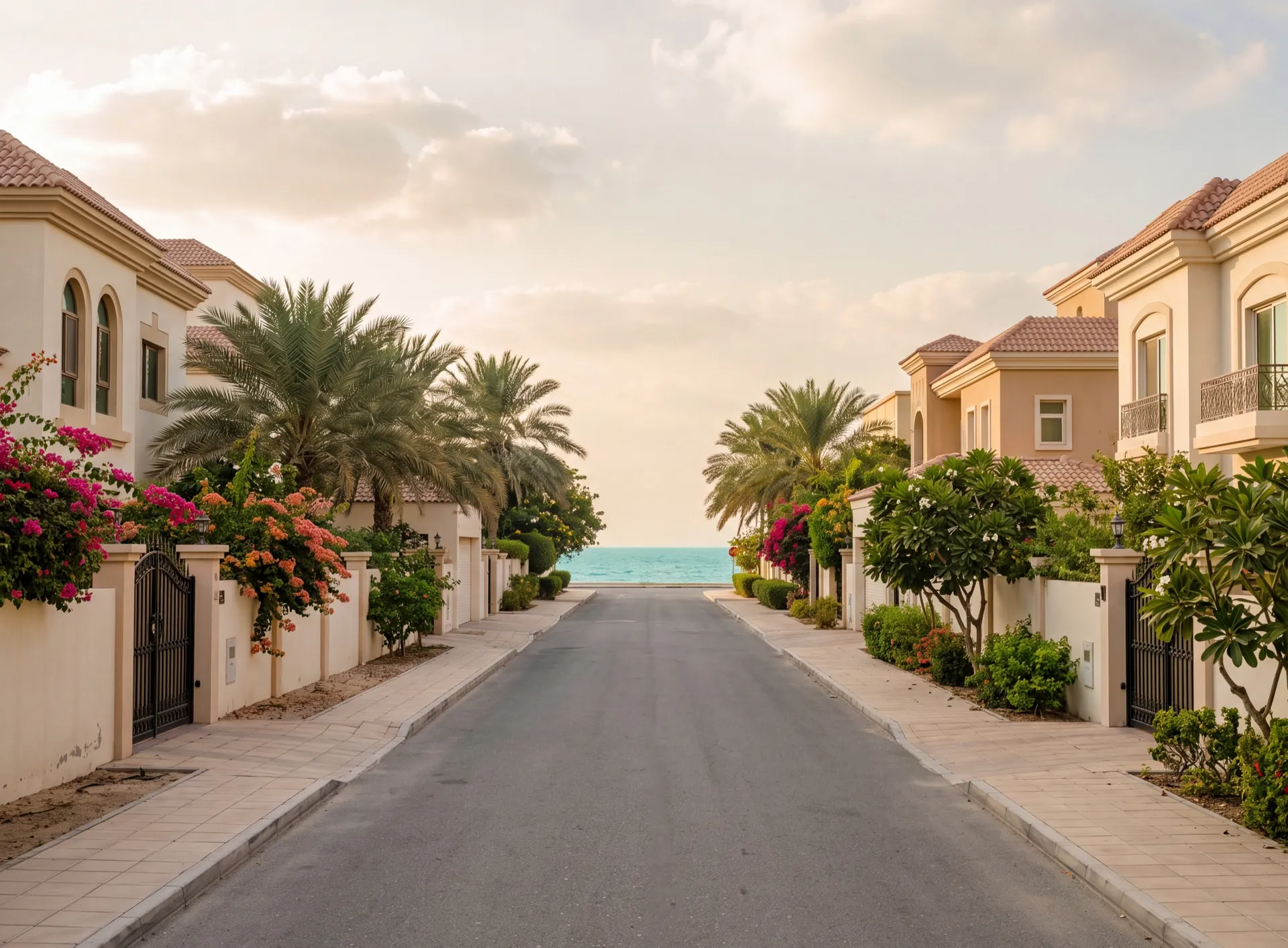 Older two-storey villas behind low walls on a quiet coastal street in Jumeirah, Dubai