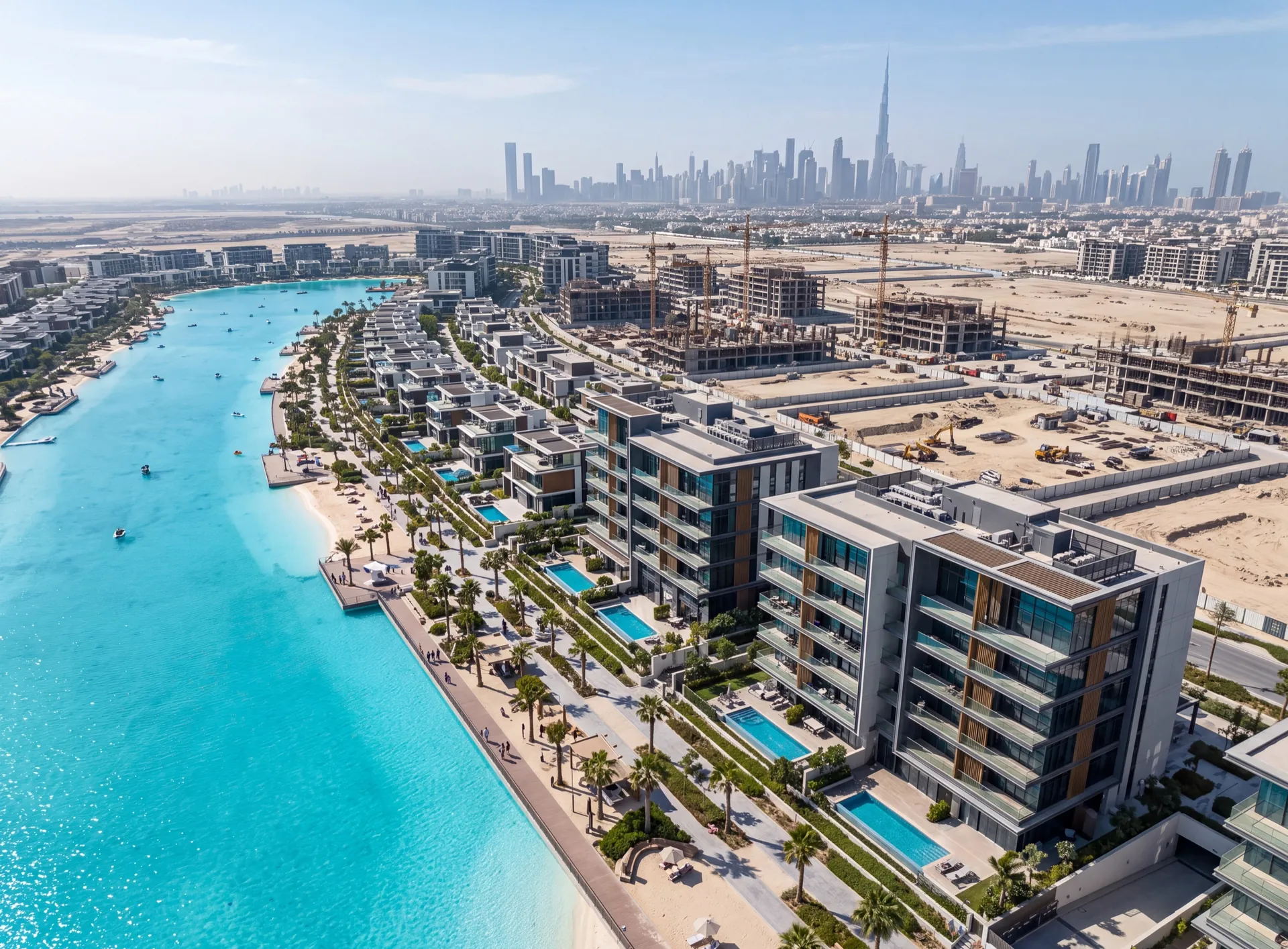 New apartment buildings and villas with large glazed elevations beside a lagoon, with empty plots and cranes beyond, in Mohammed Bin Rashid City