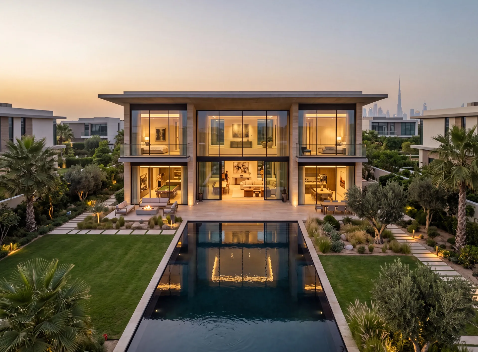Contemporary villa with floor-to-ceiling glazing and slim dark frames on a wide landscaped plot in Meydan