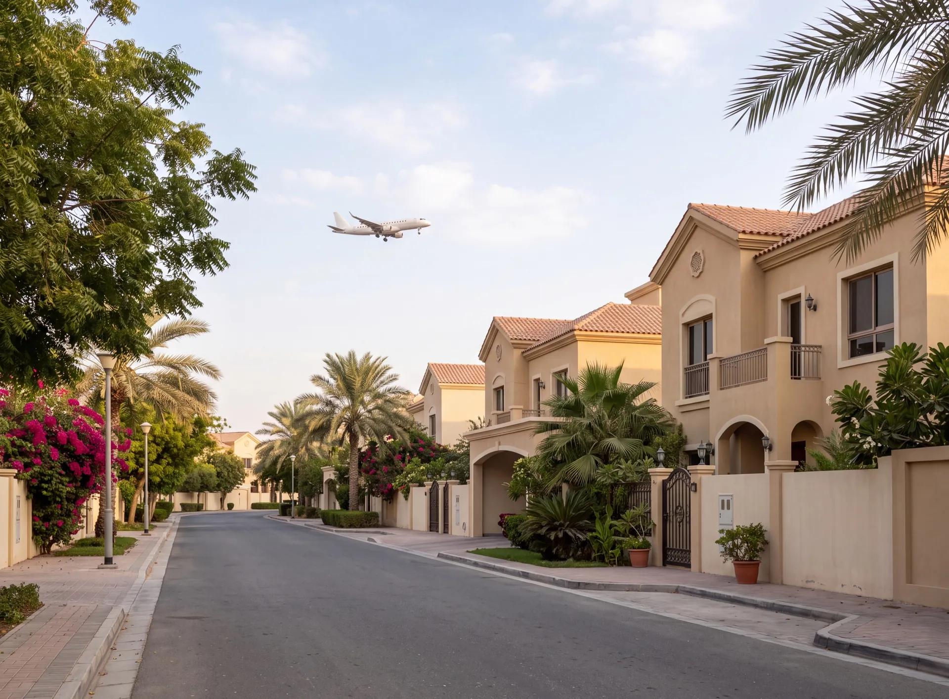 Sand-coloured family villas with garden walls and mature trees on a quiet street in Mirdif