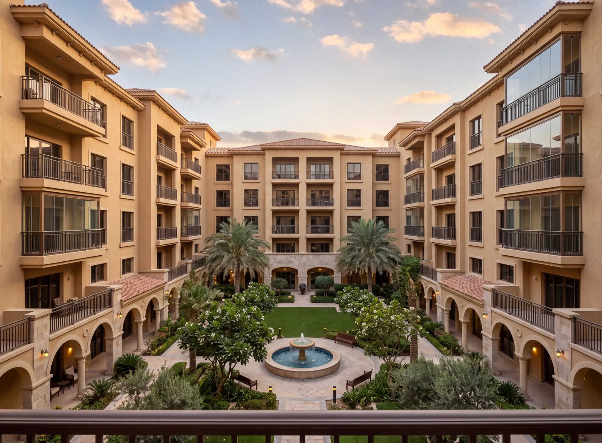 Mid-rise sand-coloured apartment buildings with recessed balconies around a landscaped courtyard in Motor City