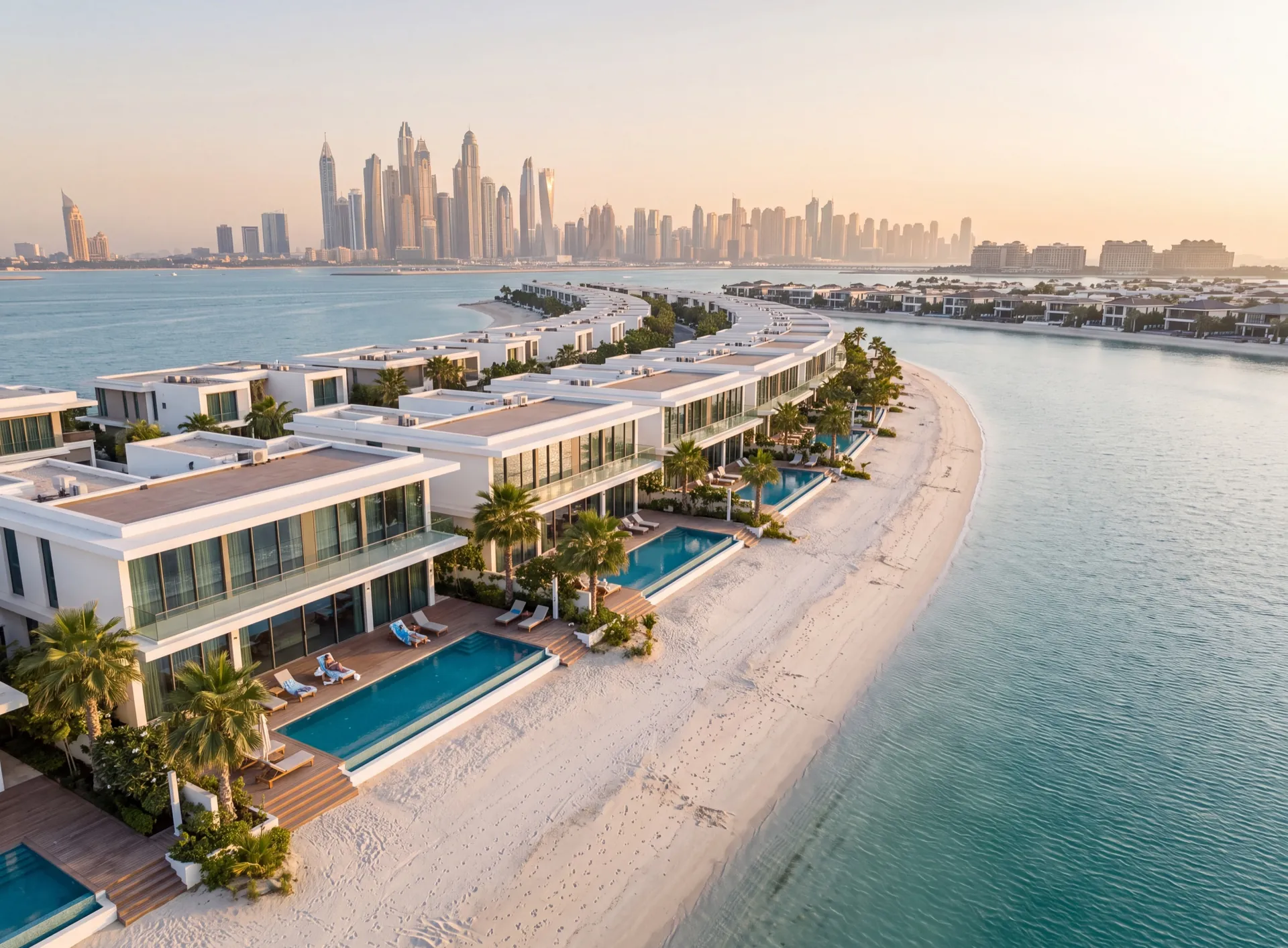 Row of white beachfront villas with full-height glazing on a Palm Jumeirah frond beside turquoise water