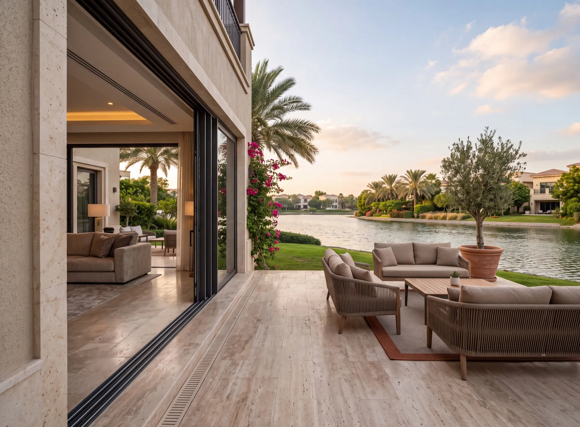 Detached Dubai villa with a wide aluminium sliding door opening onto a paved terrace beside a lake