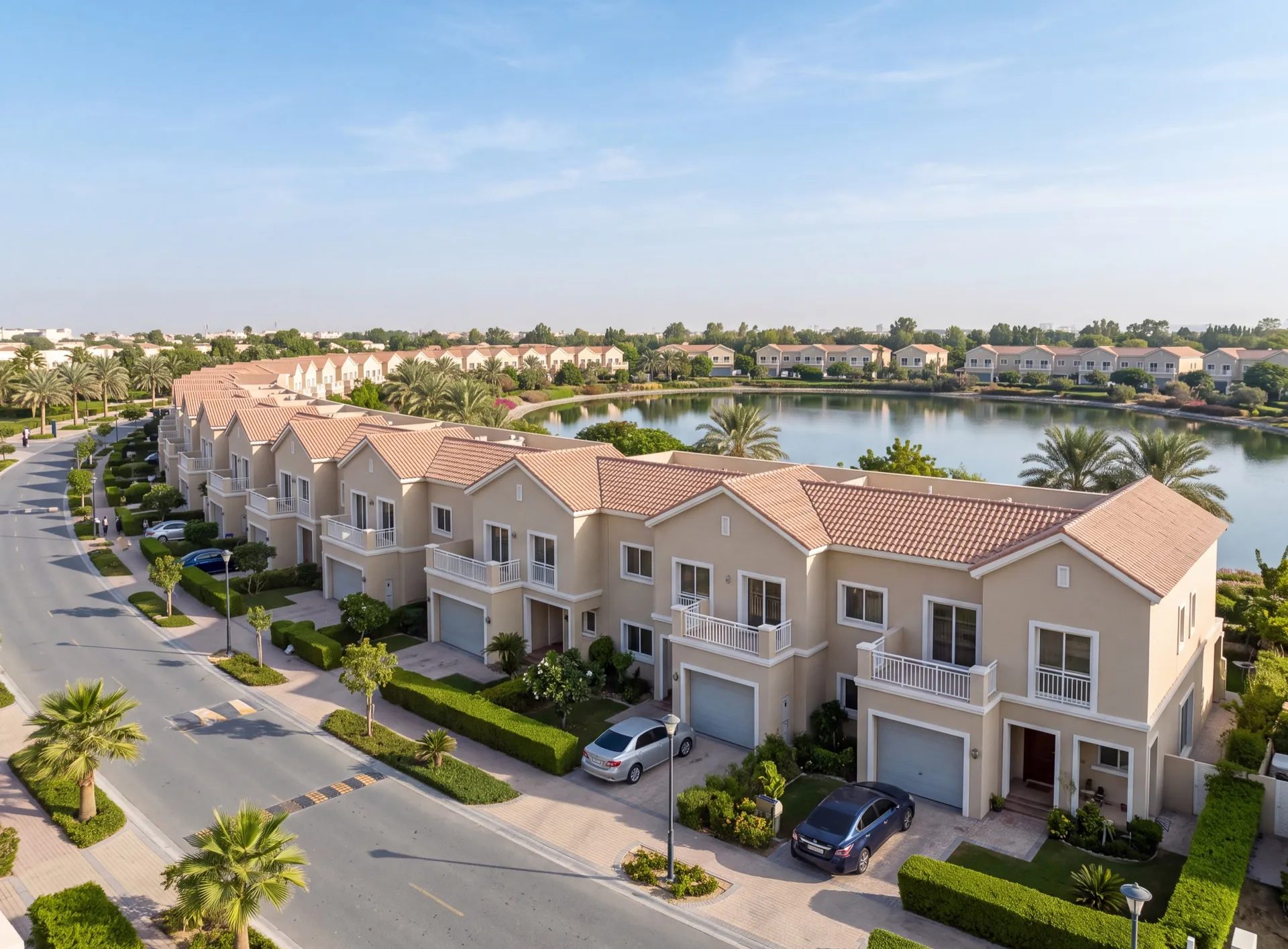 Row of identical two-storey Dubai townhouses with matching aluminium windows beside a landscaped lake