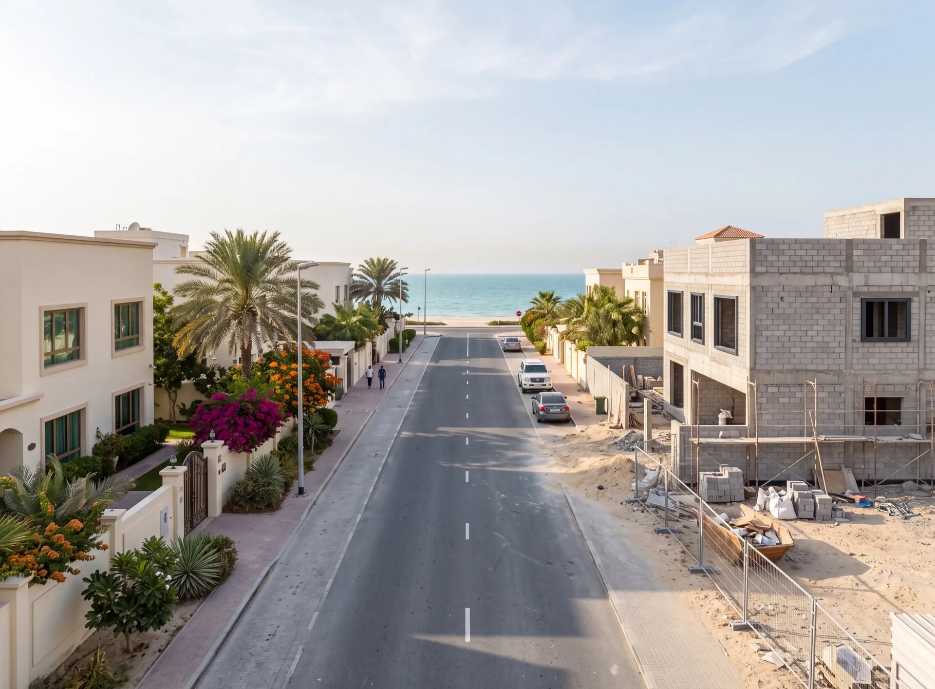 Umm Suqeim villas near the beach, one house mid-extension with bare block walls