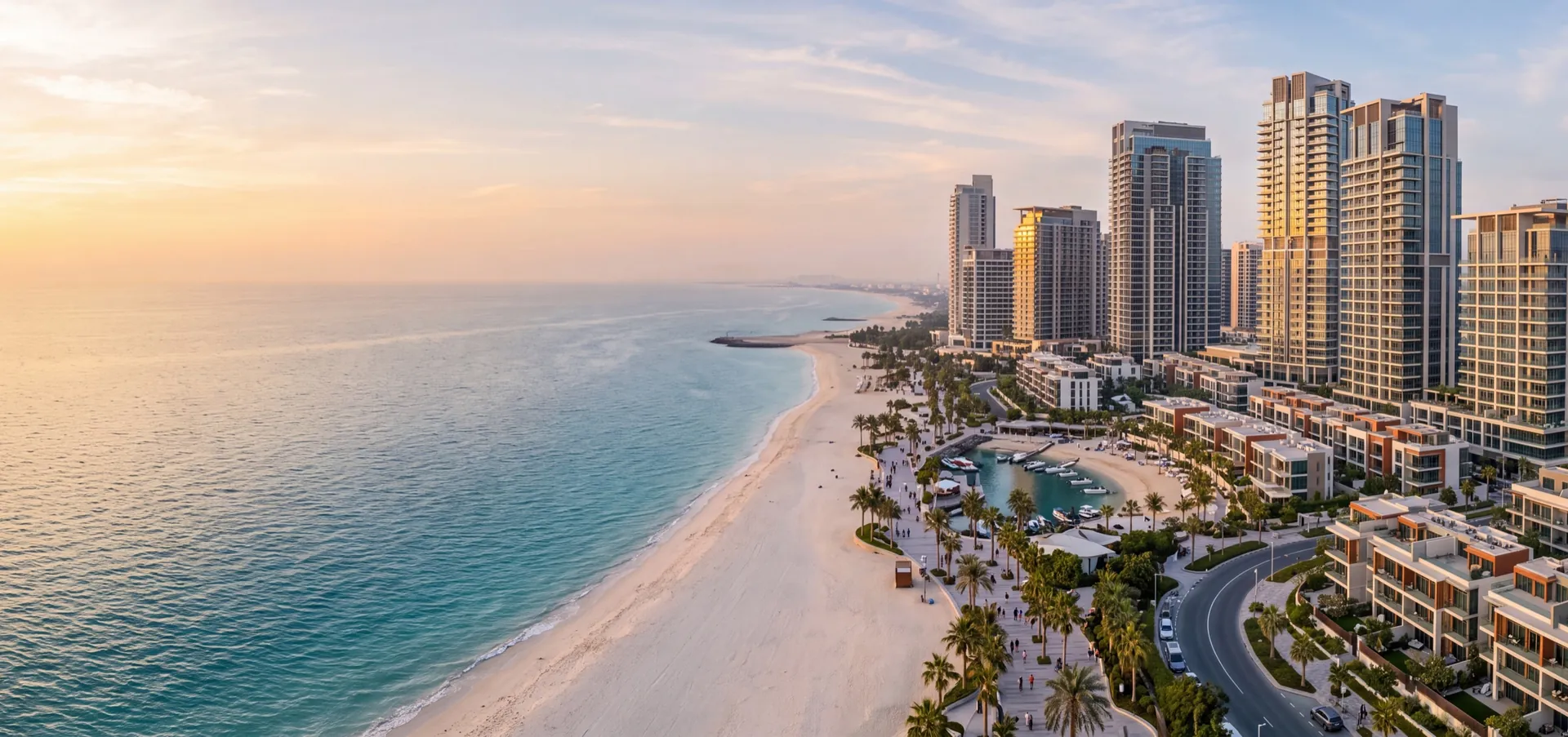 Aluminium-glazed towers and low-rise villas along a UAE coastline at golden hour